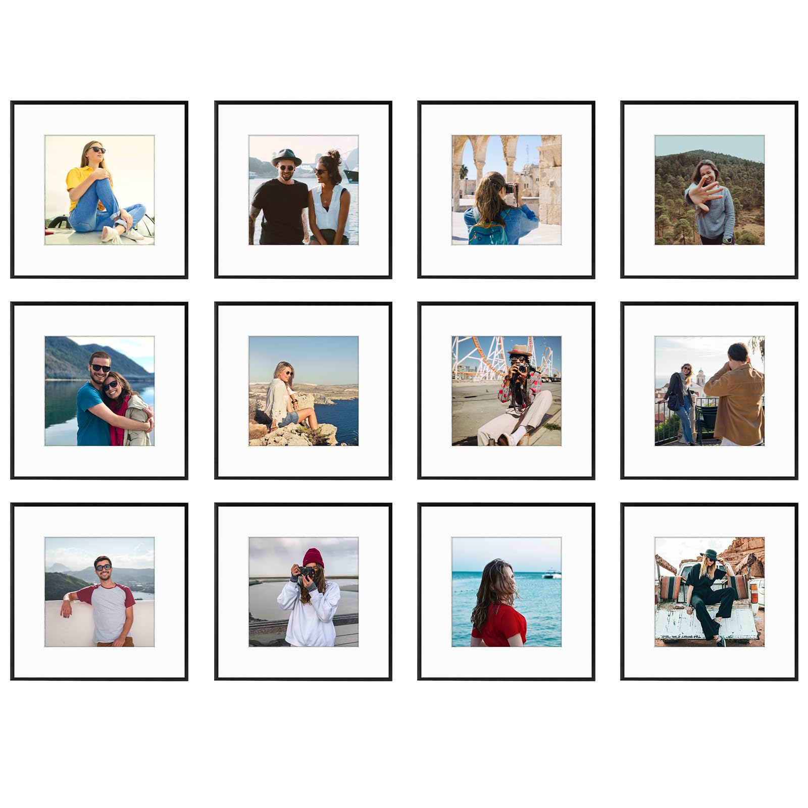 Frametory 12x12 Black Aluminum Picture Frame Set of 12 - Display 8x8 Photos with Mat or 12x12 Without Mat - Real Glass Front Gallery Wall Frames for Art Prints, Posters & Home Decor - Perfect for Living Room, Bedroom & Office Wall Display