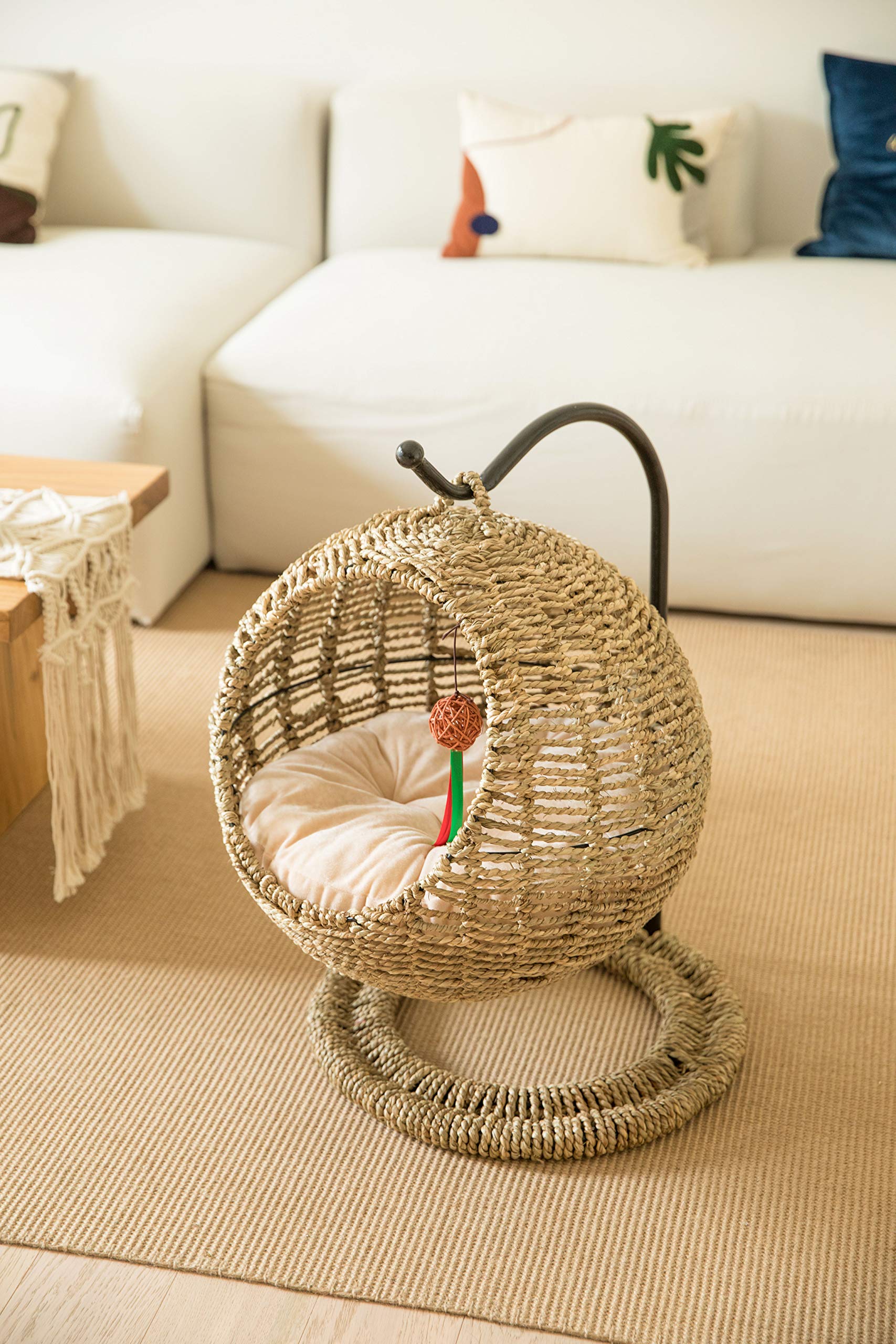 Handmade Wicker Cat Bed - Hanging Pet Basket with Cushion for Small Cats & Dogs | Cozy Indoor/Outdoor Pet House for Lounging & Napping
