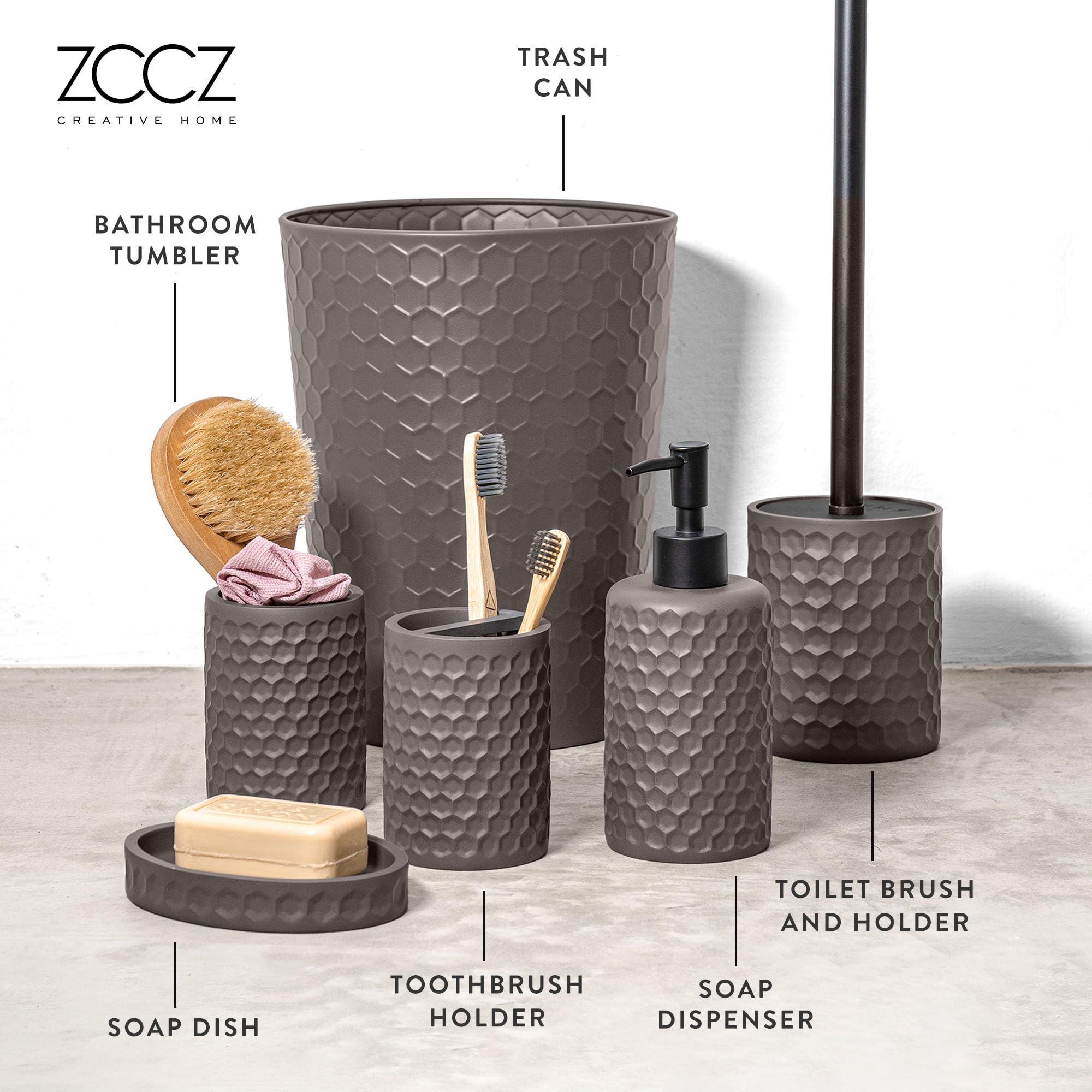 Premium 6-Piece Warm Grey Bathroom Accessory Set - Includes Trash Can, Toothbrush Holder, Cup, Soap Dispenser, Dish & Toilet Brush with Holder | Modern Bathroom Organization for Home, Apartment & Guest Bath Decor