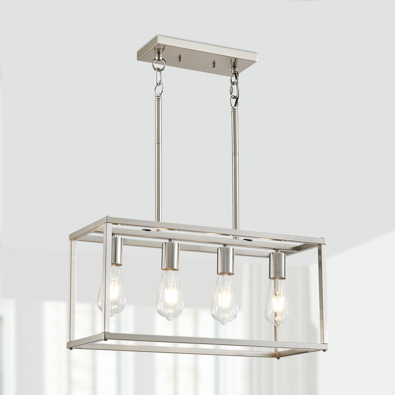 4-Light Farmhouse Chandelier Brushed Nickel - Modern Rectangular Dining Room & Kitchen Island Pendant Light Fixture with Adjustable Height, E26 Base - Perfect for Farmhouse, Rustic, and Contemporary Home Decor