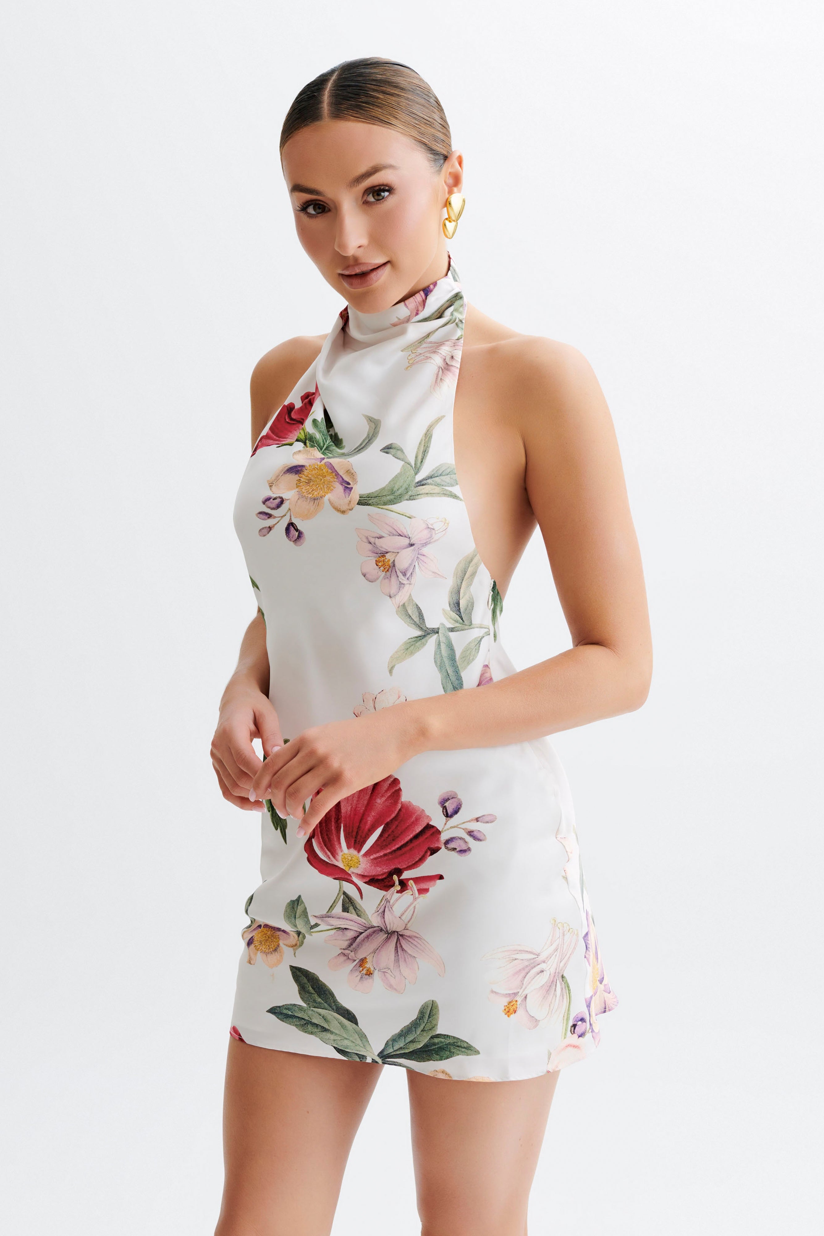 Lynelle High Neck Mini Dress - Floral Bella Rosa Print for Women | Elegant Party, Date Night & Summer Outfit
