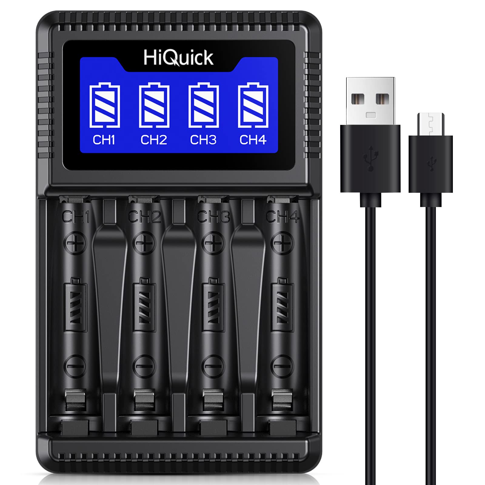 HiQuick 4 Bay AA AAA Battery Charger with Smart LCD Display - Fast USB Charging for NiMH NiCD Rechargeable Batteries (1.2V AA/AAA) - Perfect for Home, Office, Travel & Emergency Kits (USB Cable Included)