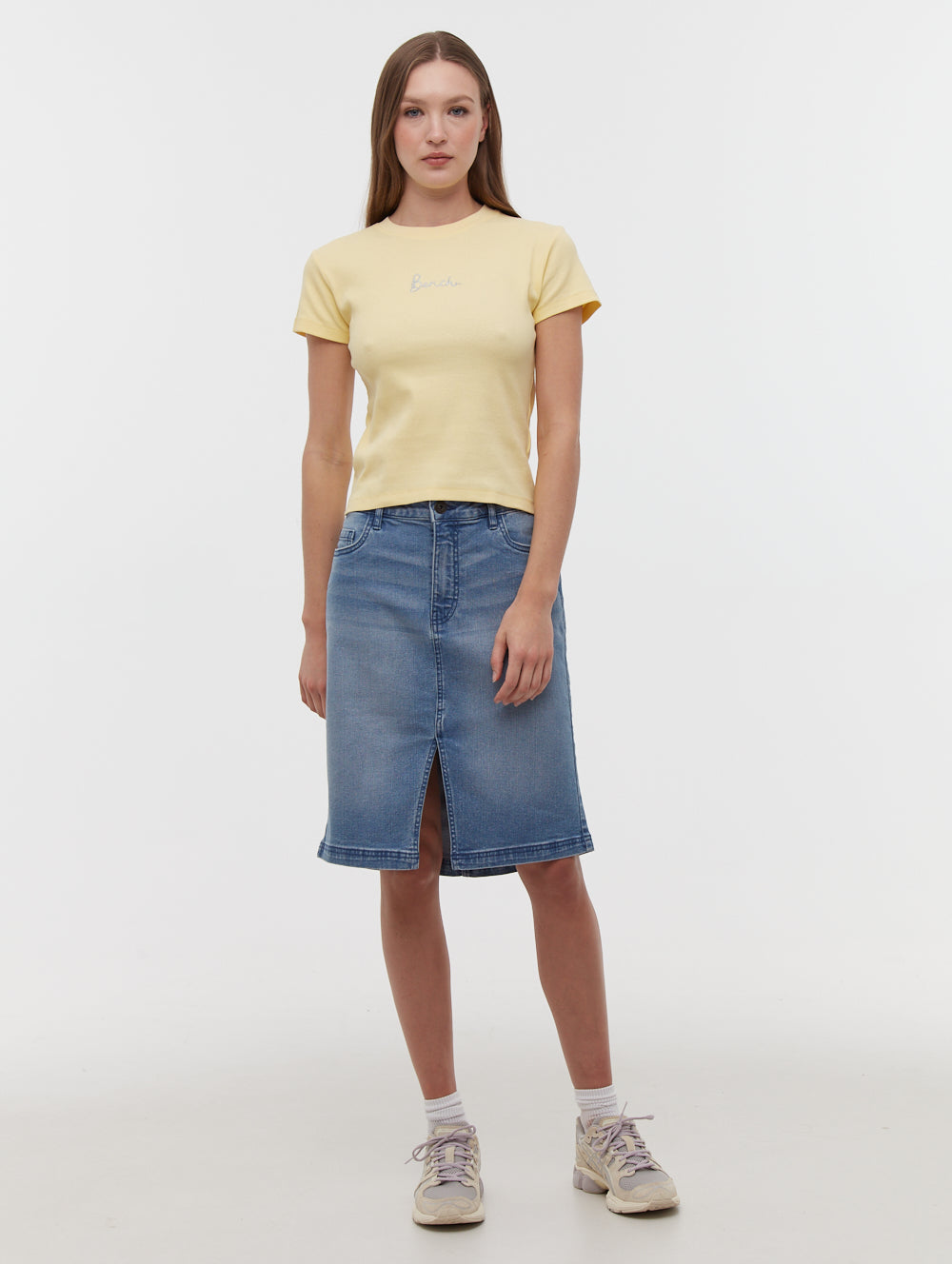 Vienra Women's Denim Midi Skirt - High Waist Stretch Jeans Skirt for Casual Wear, Office & Date Night Outfits