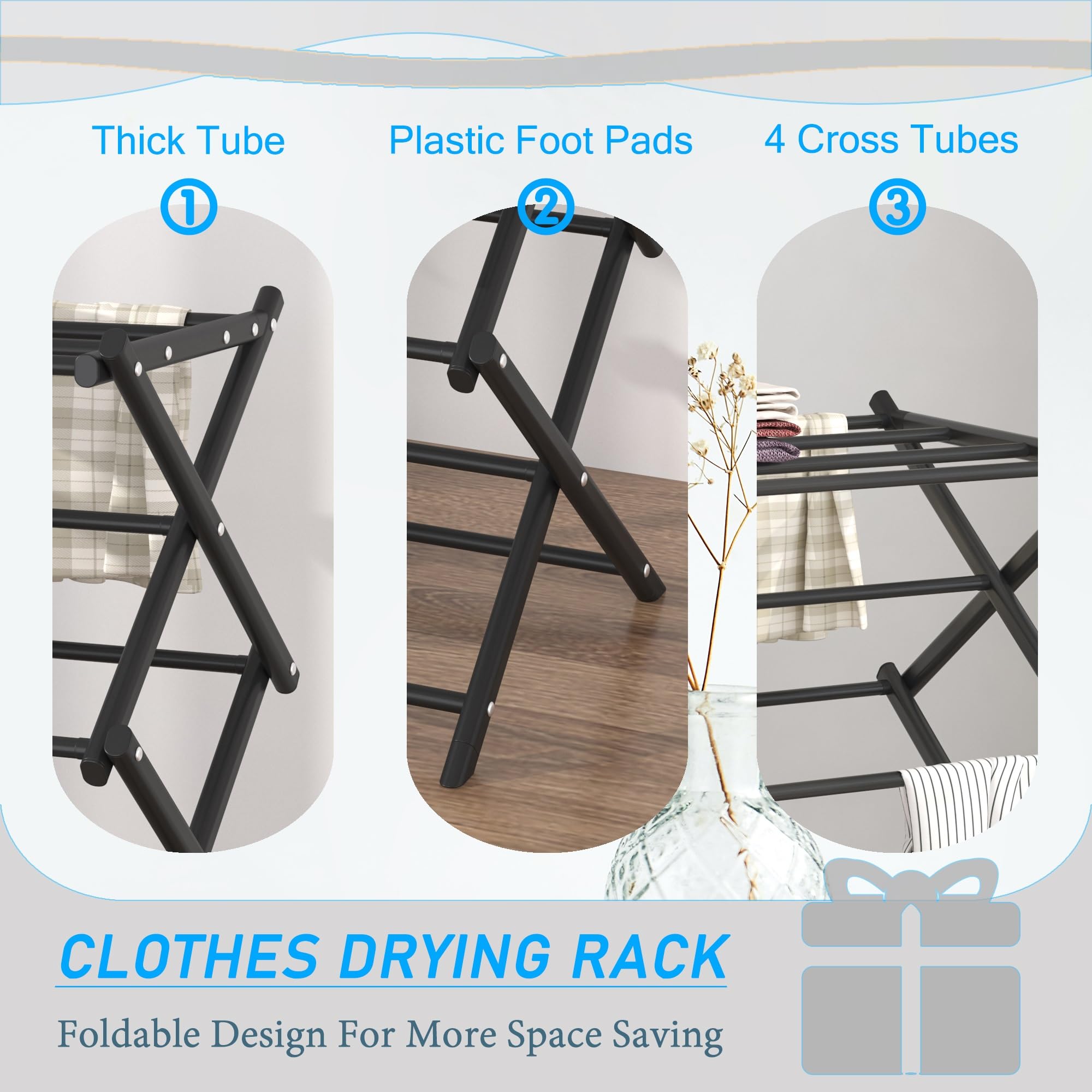 Space-Saving Foldable Clothes Drying Rack for Indoor Laundry - Black Multi-Tiered Towel & Garment Hanger - Perfect for Apartments, Dorms & Small Spaces