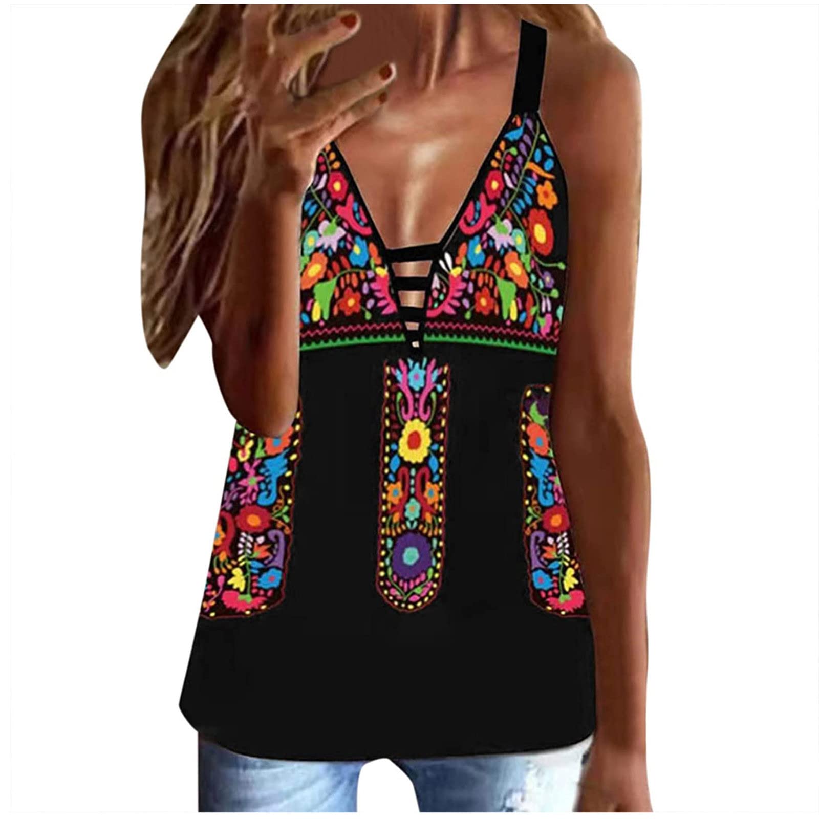 Women's Floral Print Casual Tank Tops - V Neck Sleeveless Tunic Tops for Summer | Trendy Paisley Cami Vest for Beach, Travel & Everyday Wear