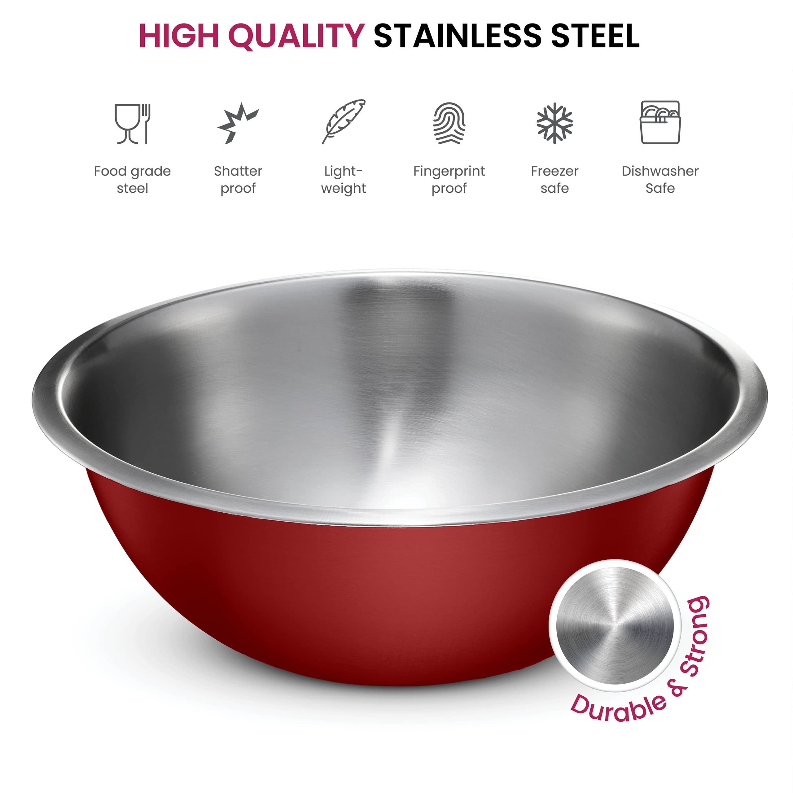Premium Stainless Steel Mixing Bowls Set of 5 - Non-Slip Bottom, Nesting Kitchen Bowls for Baking, Cooking & Food Prep - Dishwasher Safe & Space Saving - Perfect for Home Chefs & Professional Kitchens