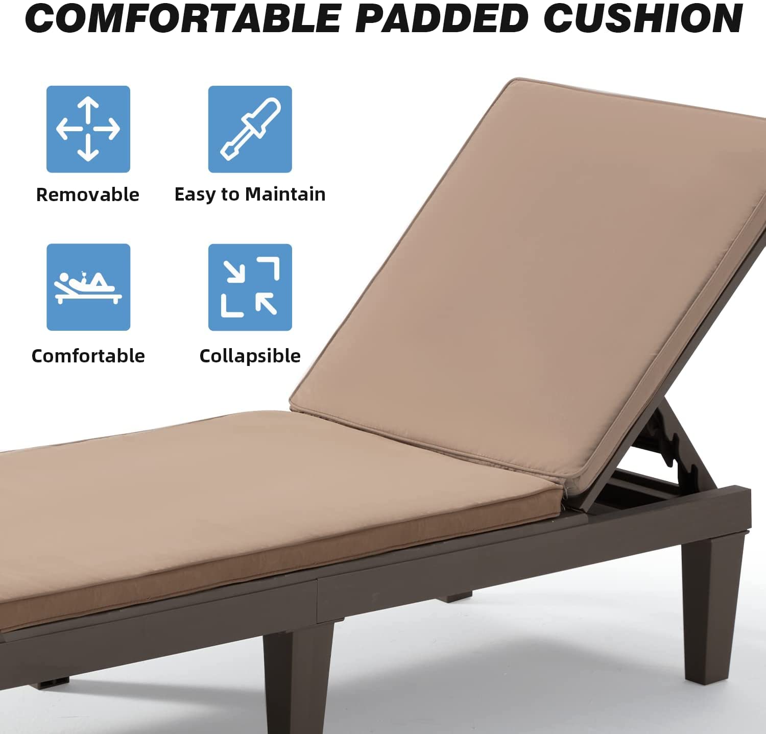 MELLCOM Outdoor Chaise Lounge Chairs Set of 2 - All-Weather Patio Loungers with 5-Position Adjustable Backrest, Removable Cushions & Wood Texture Design - Reclining Beach Chairs for Poolside, Garden, Backyard & Patio Relaxation