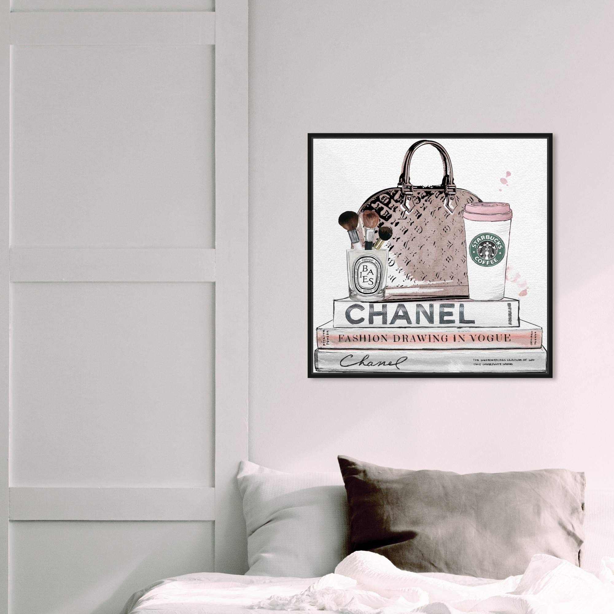 Blush and Make Up Brush Framed Wall Art Canvas Print - Fashion Glam Decor for Women's Bedroom, Living Room & Salon