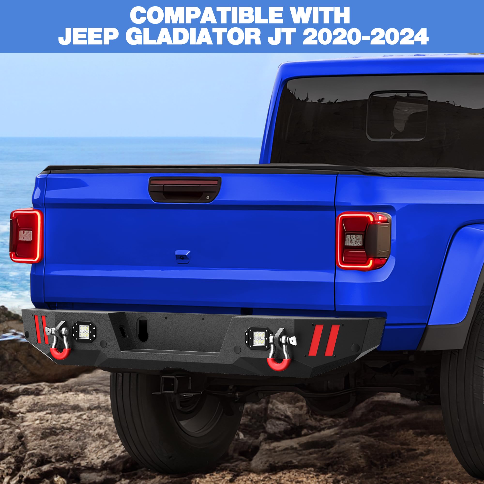 Textured Black Rear Bumper with LED Lights for Jeep Gladiator JT (2020-2024) - Full Width Bumper with Sensor Holes, D-Rings & DIY Plate - Perfect for Off-Roading, Overlanding & Truck Upgrades