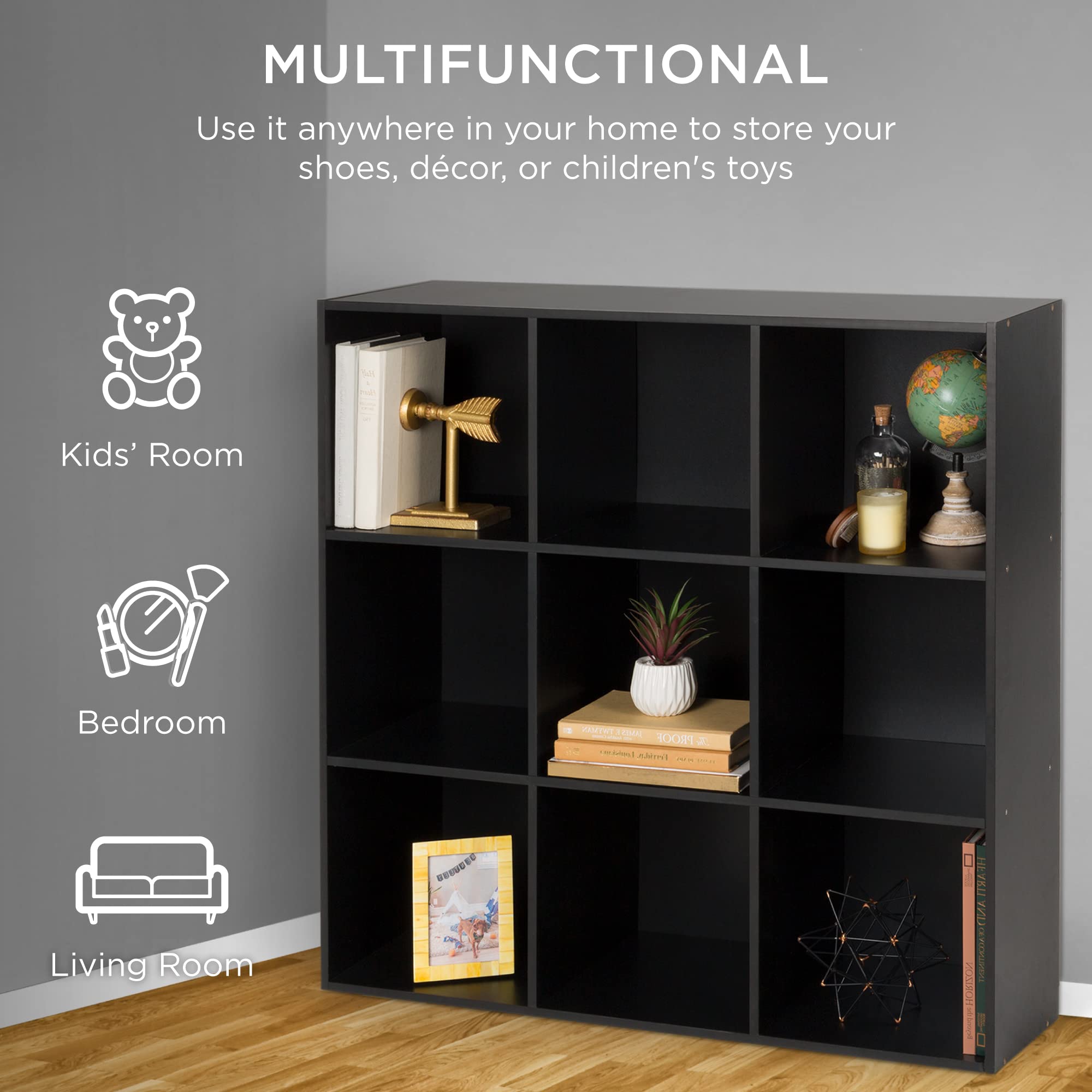 Best Choice Products 9-Cube Storage Organizer Shelf - 11in Openings, Modular Bookcase with 3 Removable Back Panels, Black - Perfect for Living Room, Bedroom, Office & Kids Room Organization
