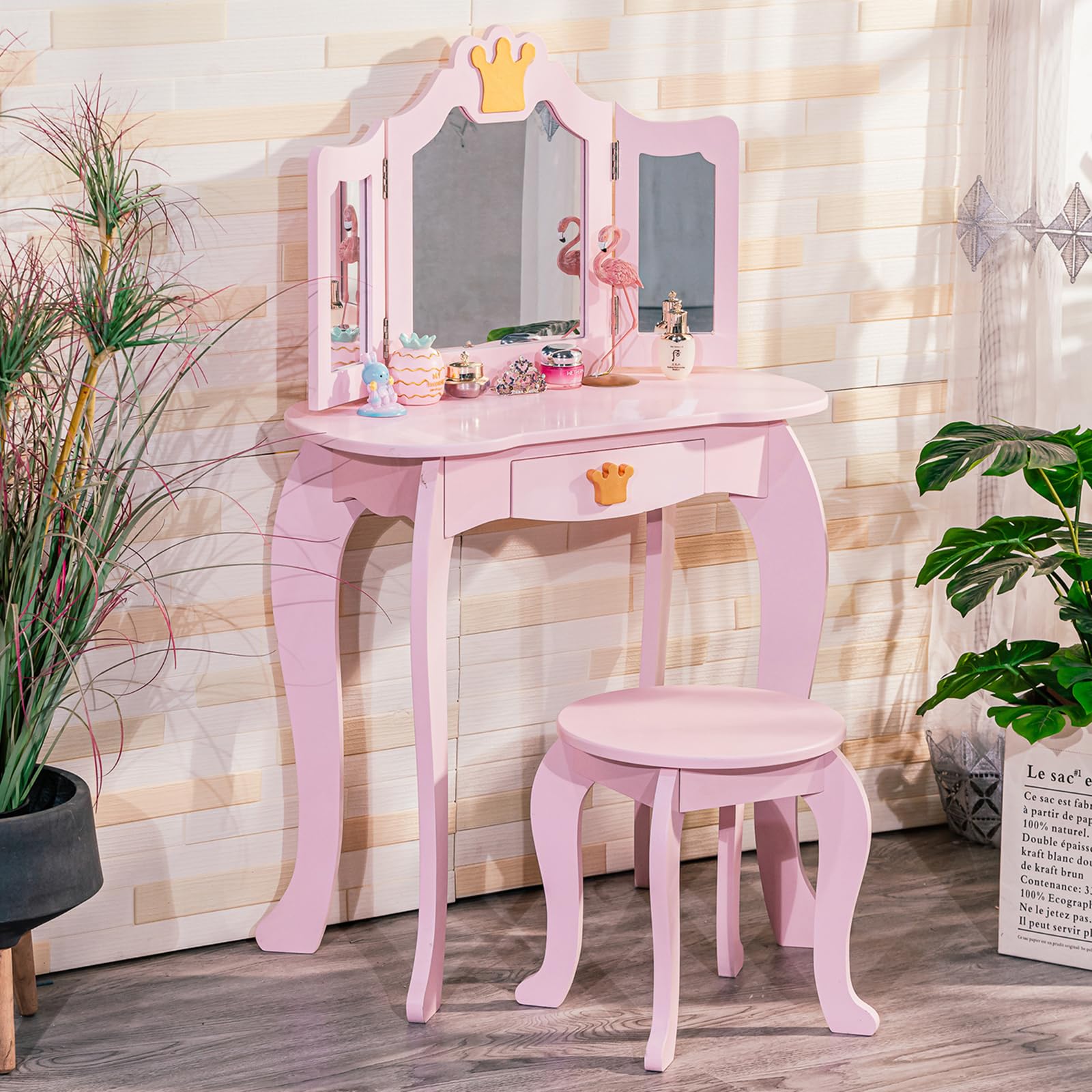 GAOMON Kids Vanity Table with Tri-Fold Mirror, Stool & Storage Drawer - 2-in-1 Wooden Princess Makeup Dressing Desk for Girls, Toddler Pretend Play Vanity Set - Perfect for Bedroom Decor & Imaginative Playtime