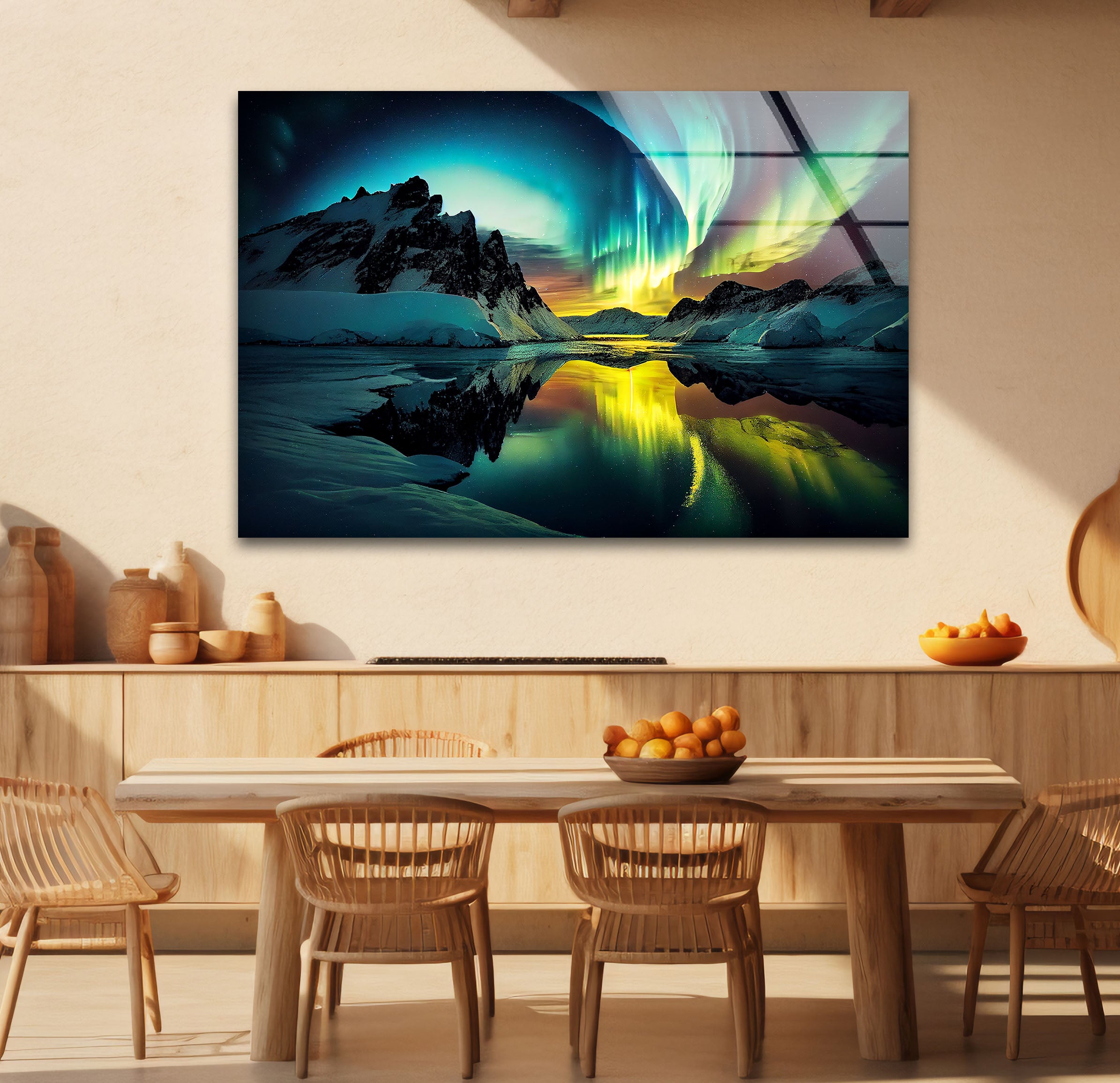 Aurora Borealis Glass Wall Art – Stunning Northern Lights Over Arctic Mountains – Perfect for Living Room, Bedroom & Office Decor