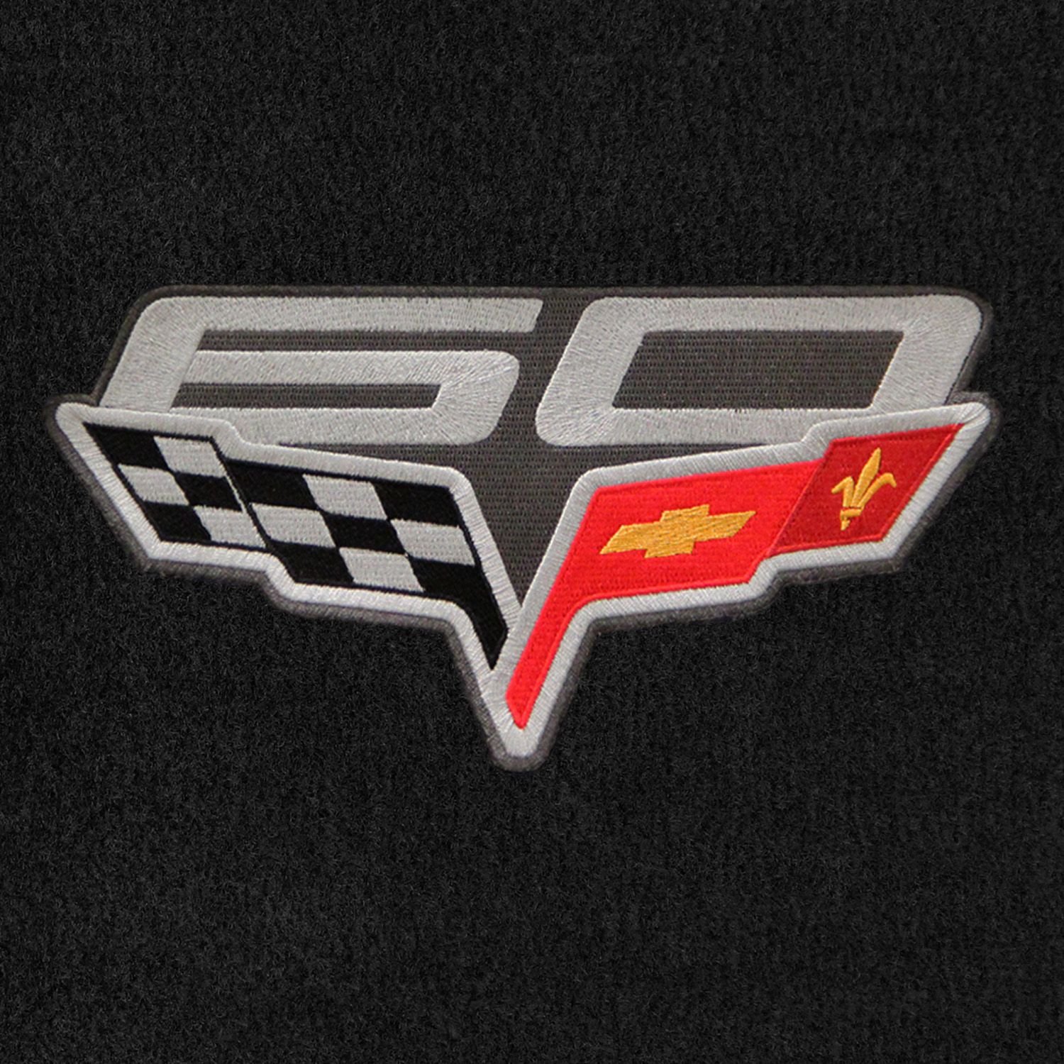 Lloyd Mats Velourtex Ebony Standard Deck Mat for 2013 Corvette Coupe with 60th Anniversary Flags Applique - Premium Car Floor Mat for Sports Cars, Perfect for Car Shows & Daily Driving