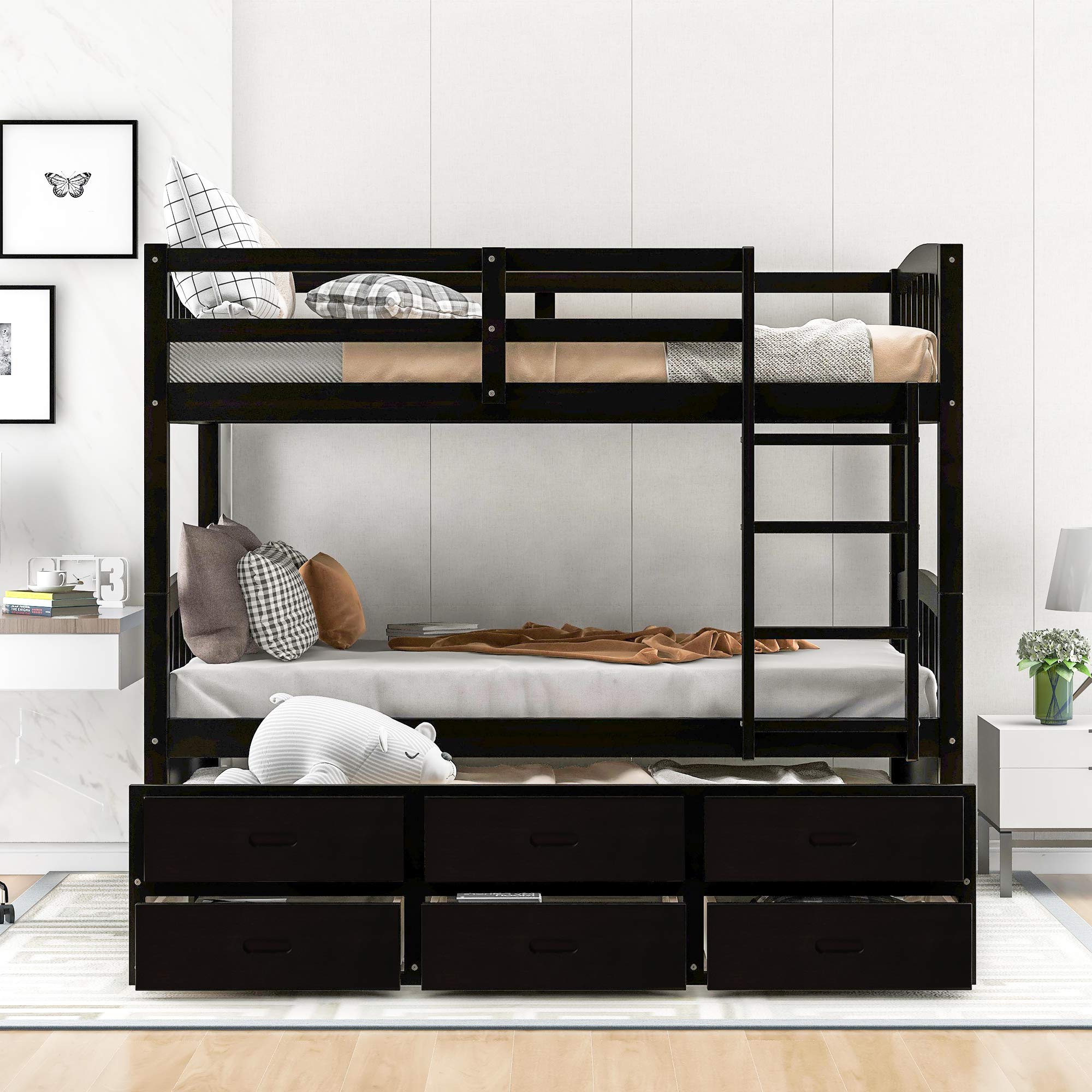 **Solid Wood Twin Over Twin Bunk Bed Frame with Trundle & 3 Drawers - Hardwood Bunk Bed with Slats & Ladder - Espresso Finish - Perfect for Kids' Bedroom, Guest Room & Space-Saving Solutions**