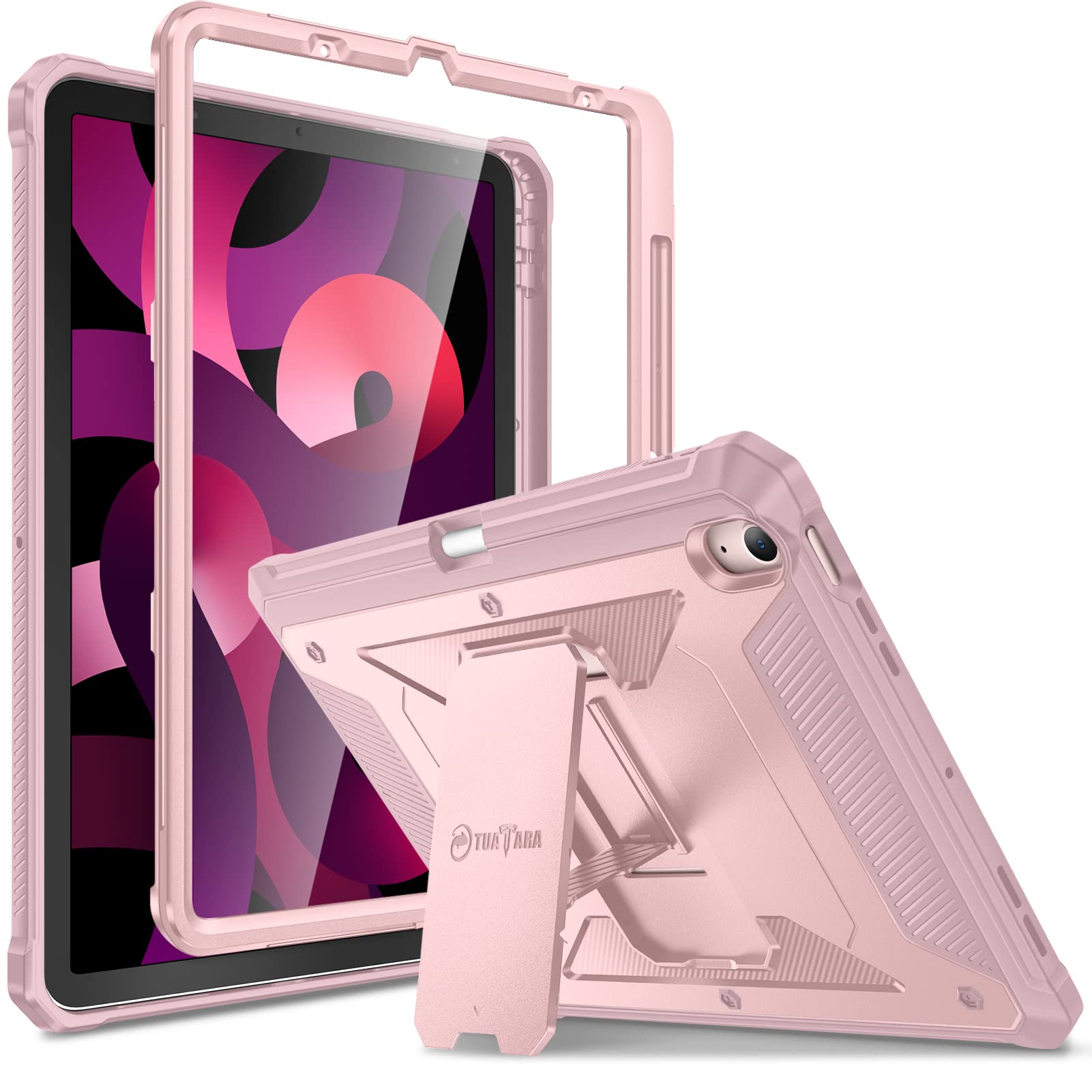 Fintie Shockproof Case for iPad Air 5th Generation (2022) & iPad Air 4th Gen (2020) 10.9 Inch - Rugged Heavy Duty Protective Cover with Built-in Kickstand, Screen Protector & Apple Pencil Holder - Rose Gold | Perfect for Work, Travel & Outdoor Use