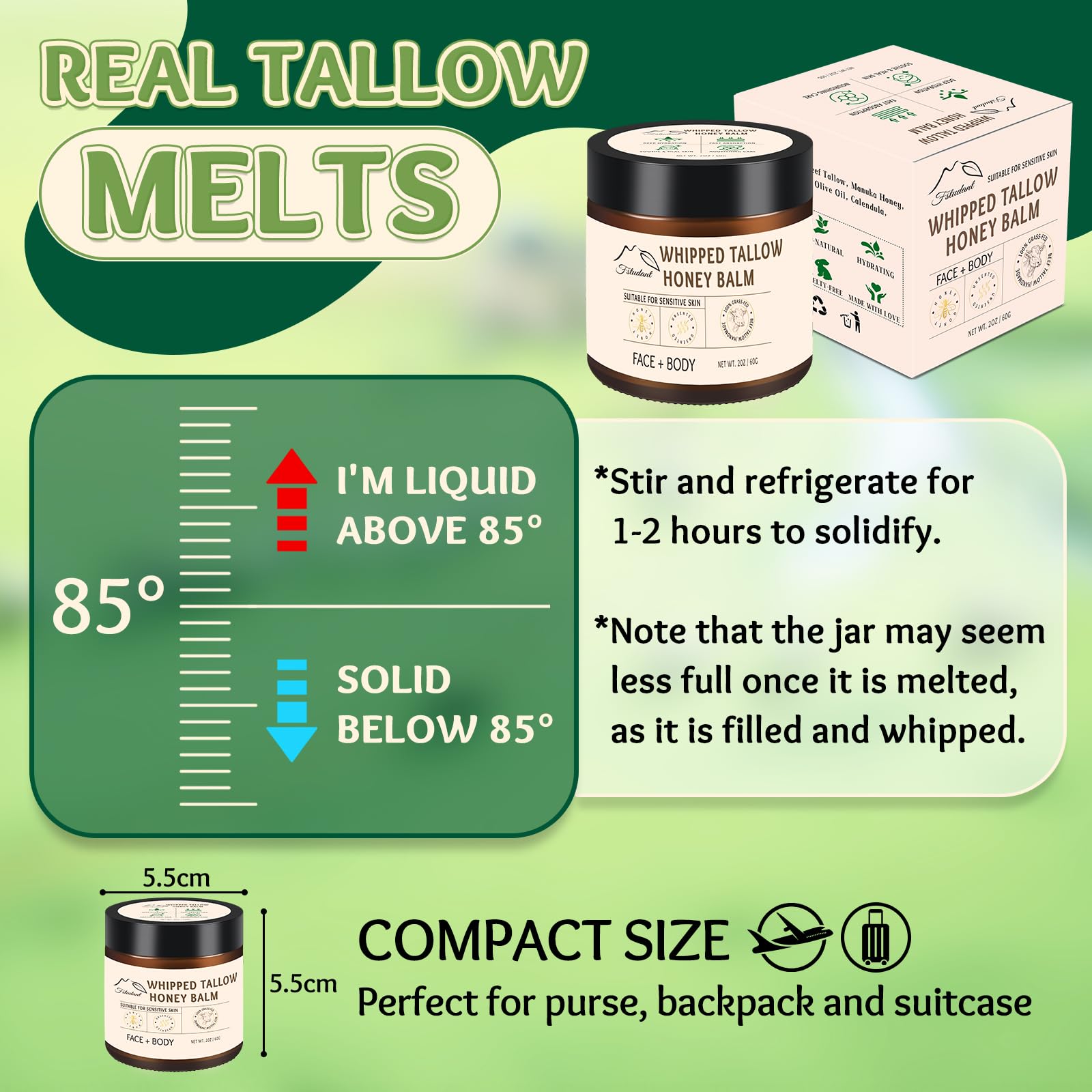 Organic Grass-Fed Beef Tallow & Honey Balm - 100% Natural Face & Body Moisturizer for Dry Skin, Unscented 2oz - Perfect for Daily Skincare Routine, Eczema Relief & Nighttime Hydration
