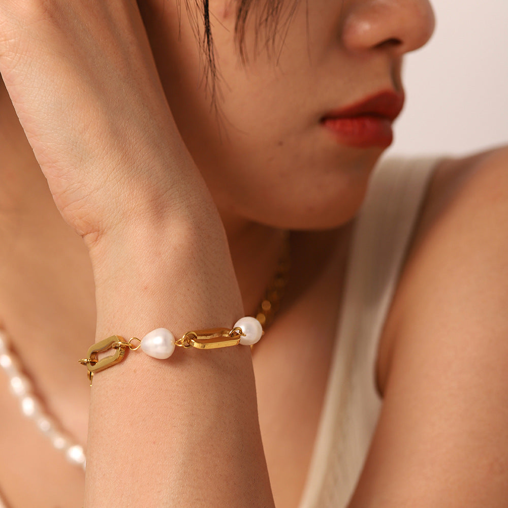 Chunky Pearl Rectangle Chain Link Bracelet for Women - Elegant Fashion Jewelry Gift for Birthday, Anniversary & Party | JDB069
