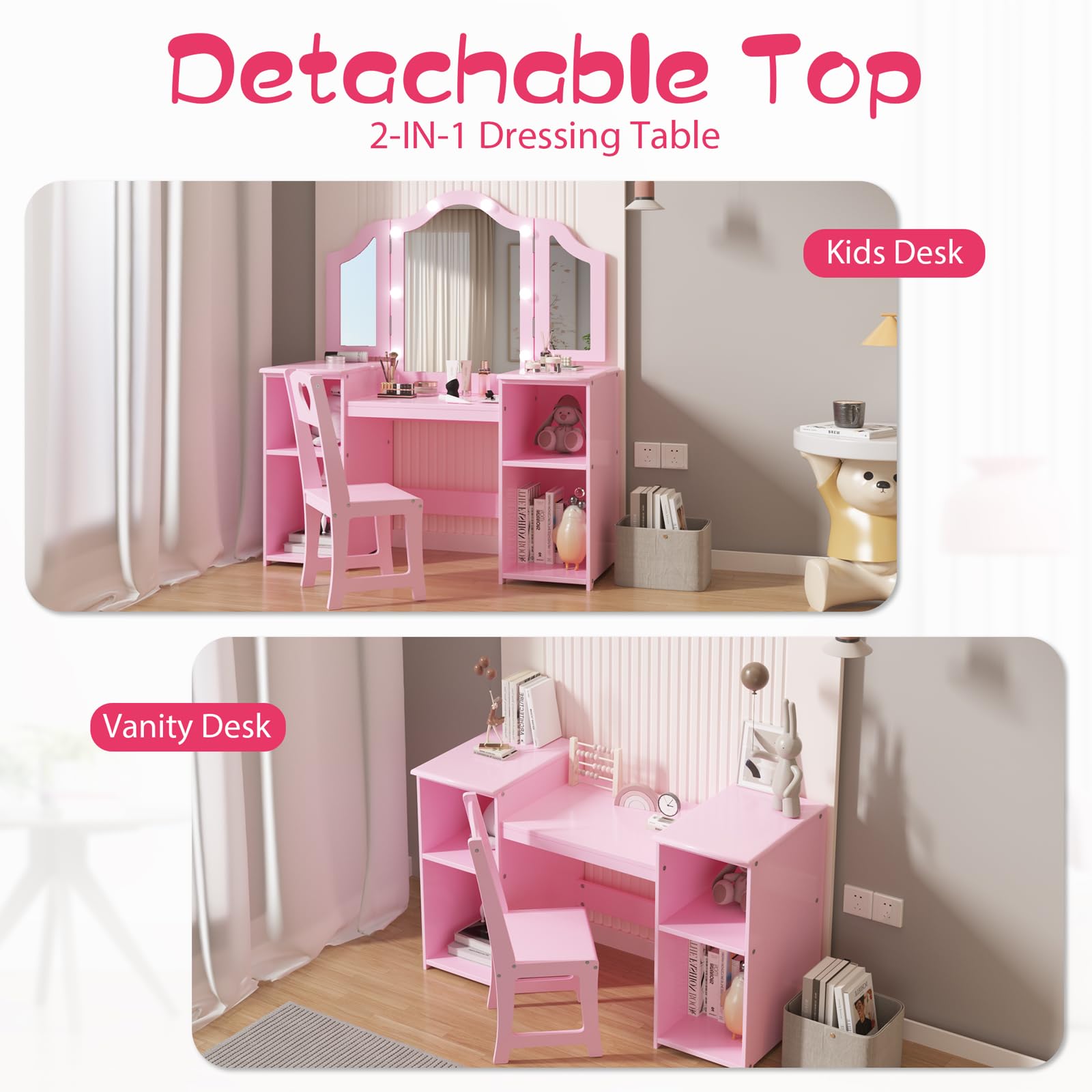 Princess Makeup Vanity Table Set for Girls - Wooden Dressing Table with Touch Light, Detachable Tri-Folding Mirror & Open Storage Shelves - Pretend Play Kids Vanity Desk & Chair for Toddlers - Perfect for Bedroom Decor, Birthday Gifts & Role Play Activities