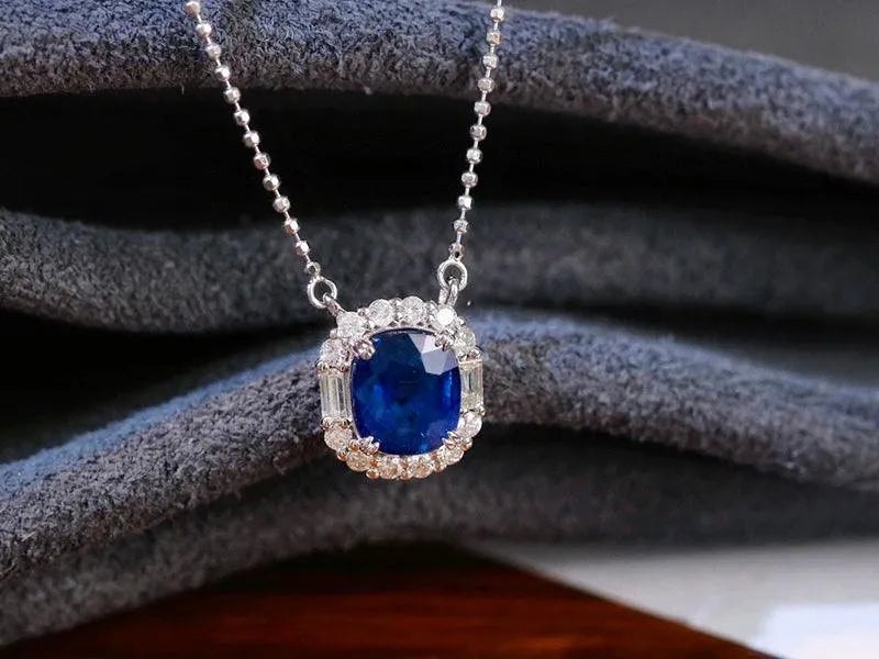 18K White Gold Natural Blue Sapphire Pendant Necklace - Shiny Gemstone Luxury Diamond Jewelry for Women - Perfect for Senior Banquet, Wedding & Special Occasions
