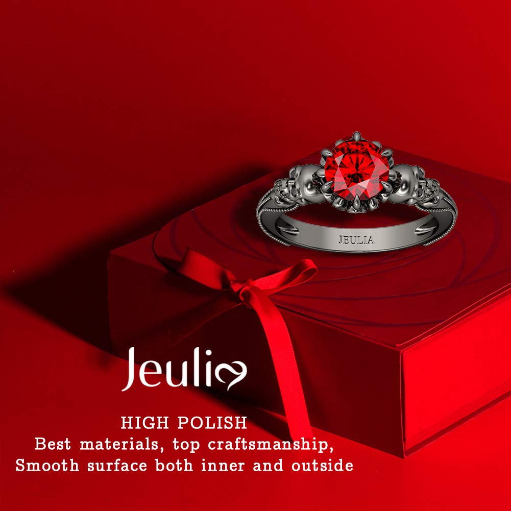 Jeulia 2.5 Carat Black Gothic Wedding Band for Women - 925 Sterling Silver Skull Eternity Ring with Round Cut Diamond & Ruby - Anniversary Promise Jewelry Gift for Her - Perfect for Gothic Weddings, Halloween, and Alternative Fashion Lovers
