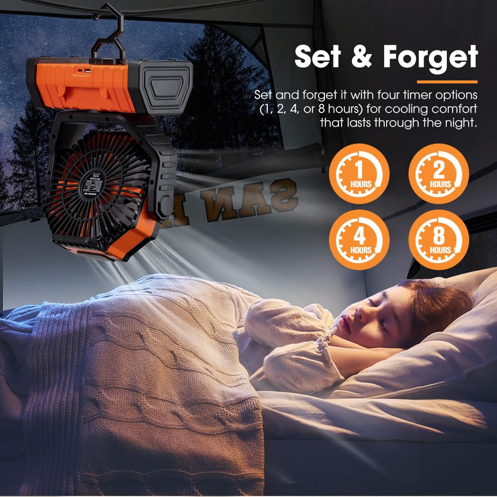 SanHima Portable Camping Fan with LED Light - 20000mAh Rechargeable Battery, 360° Rotating Hook, 4 Speed Settings & Oscillation - USB Powered Desk Fan for Outdoor Tent, Travel, Home Office, Beach & Fishing Adventures | Perfect for Summer Camping Trips and Indoor Cooling