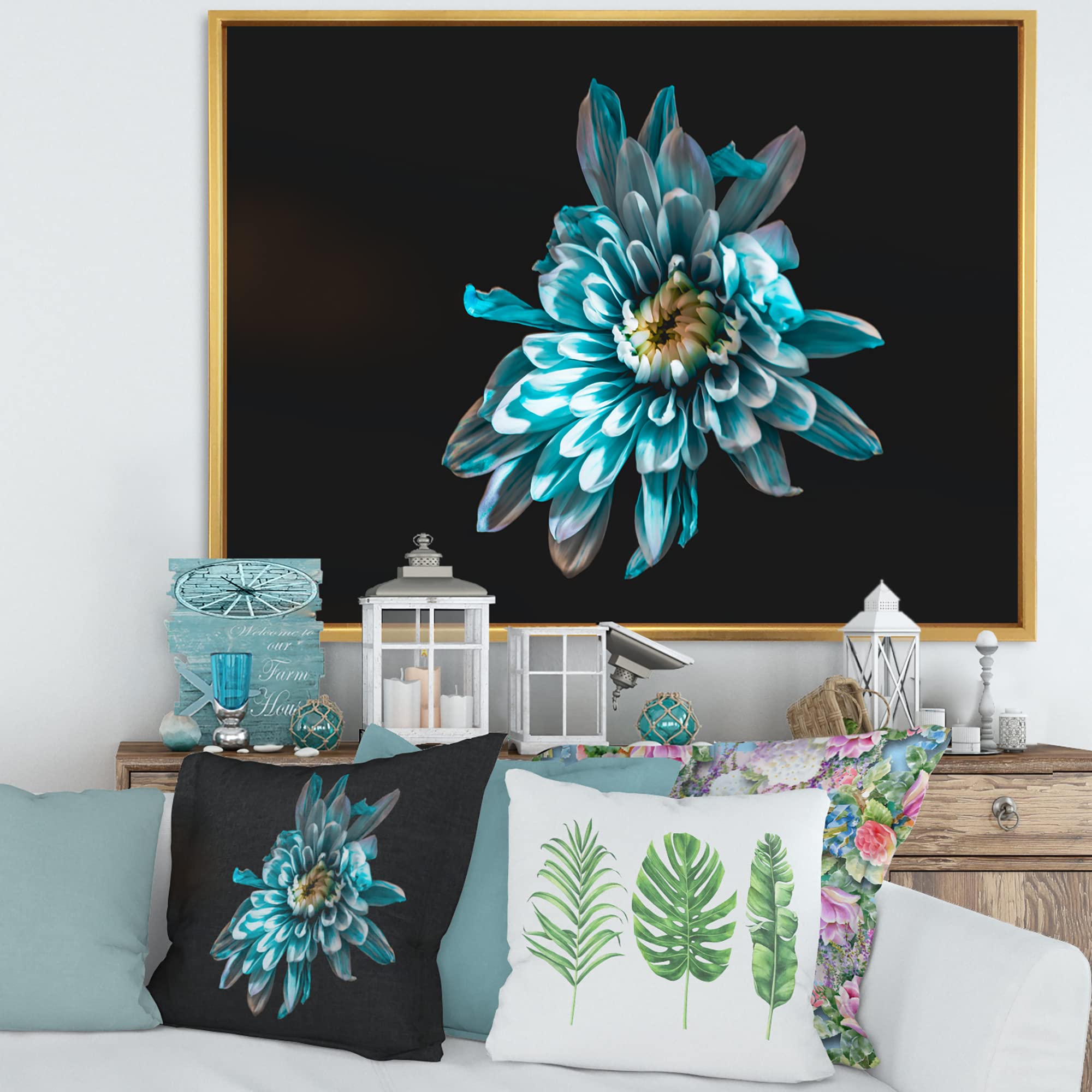 DesignQ Blue and White Floral Canvas Wall Art - Traditional Framed Home Decor Print for Living Room, Bedroom & Office
