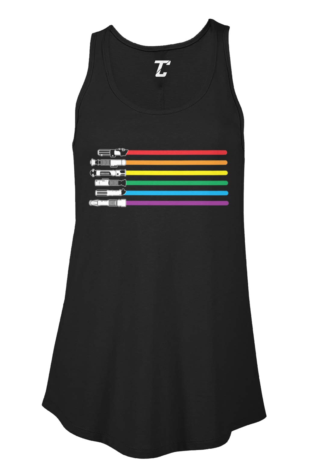 Rainbow Lightsaber Sci-Fi Parody Women's Flowy Tank Top - Star Wars Inspired Casual Tee for Cosplay, Conventions & Everyday Wear