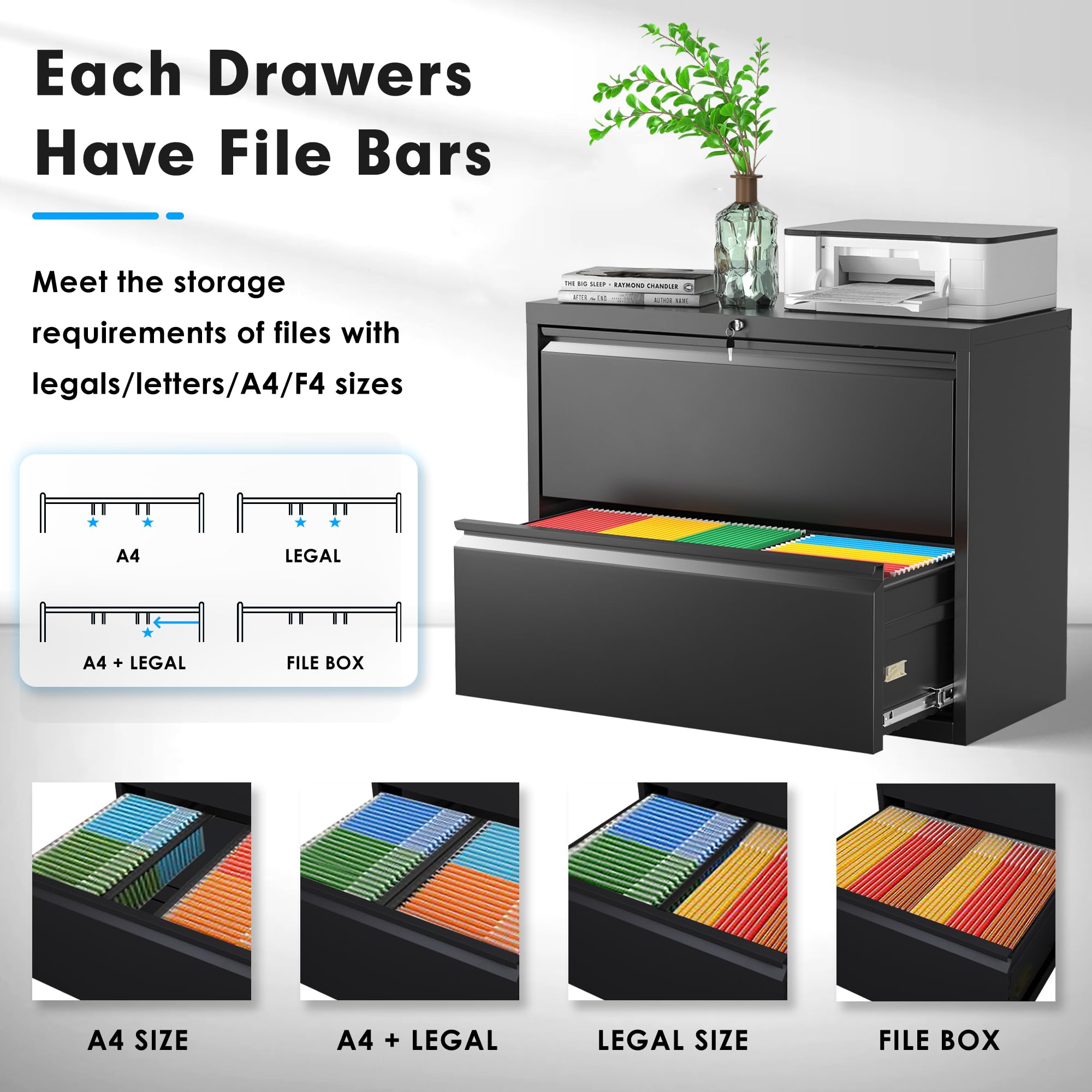 Pataku 2-Drawer Lateral File Cabinet with Lock - Black Metal Filing Cabinet for Home Office, Organize Hanging Files, Letters, Legal, F4 & A4 Documents - Perfect for Office Storage & Home Workspace Organization