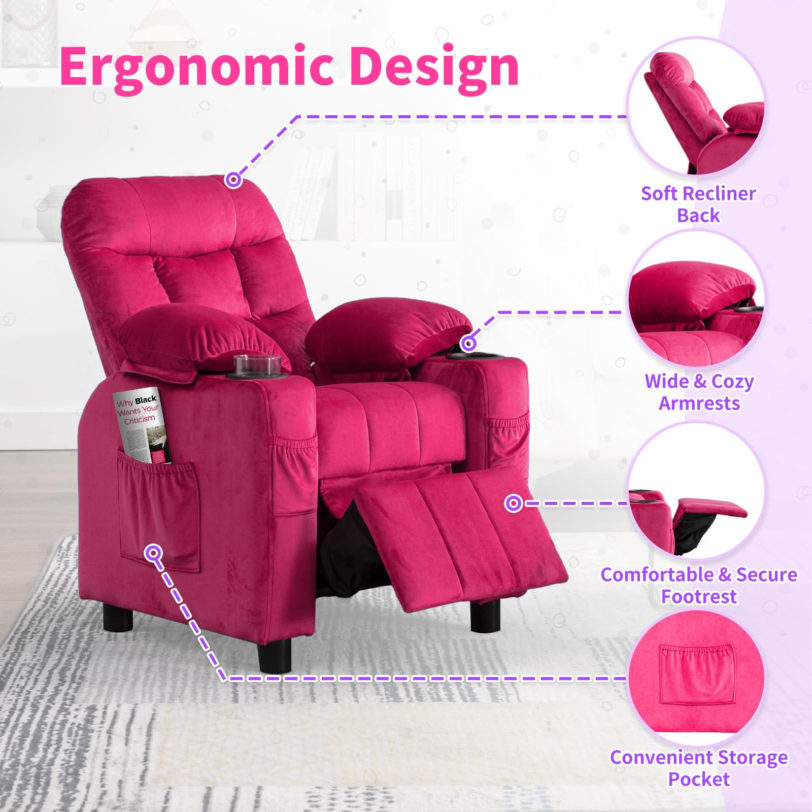 **Kids Recliner Chair with Cup Holder - Adjustable Toddler Lounge Chair with Footrest & Side Pockets, Soft Velvet Ergonomic Sofa for Boys & Girls Bedroom (Rose Pink) - Perfect for Reading, Watching TV & Relaxing**