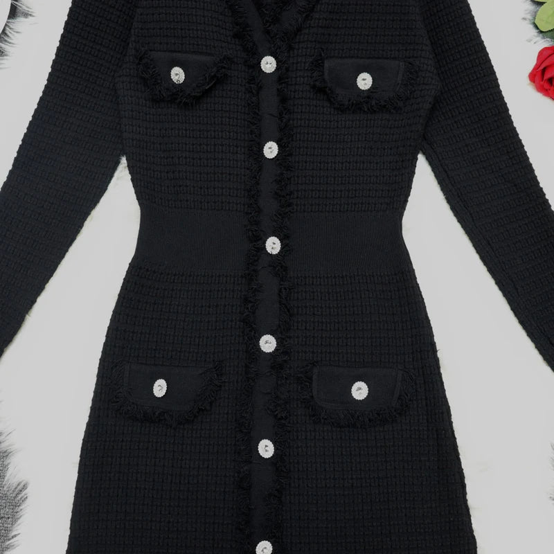 Autumn 2024 Women's Fashion White V-Neck Long Sleeve Single Breasted Knit Dress - Elegant Office Wear for Work & Formal Occasions