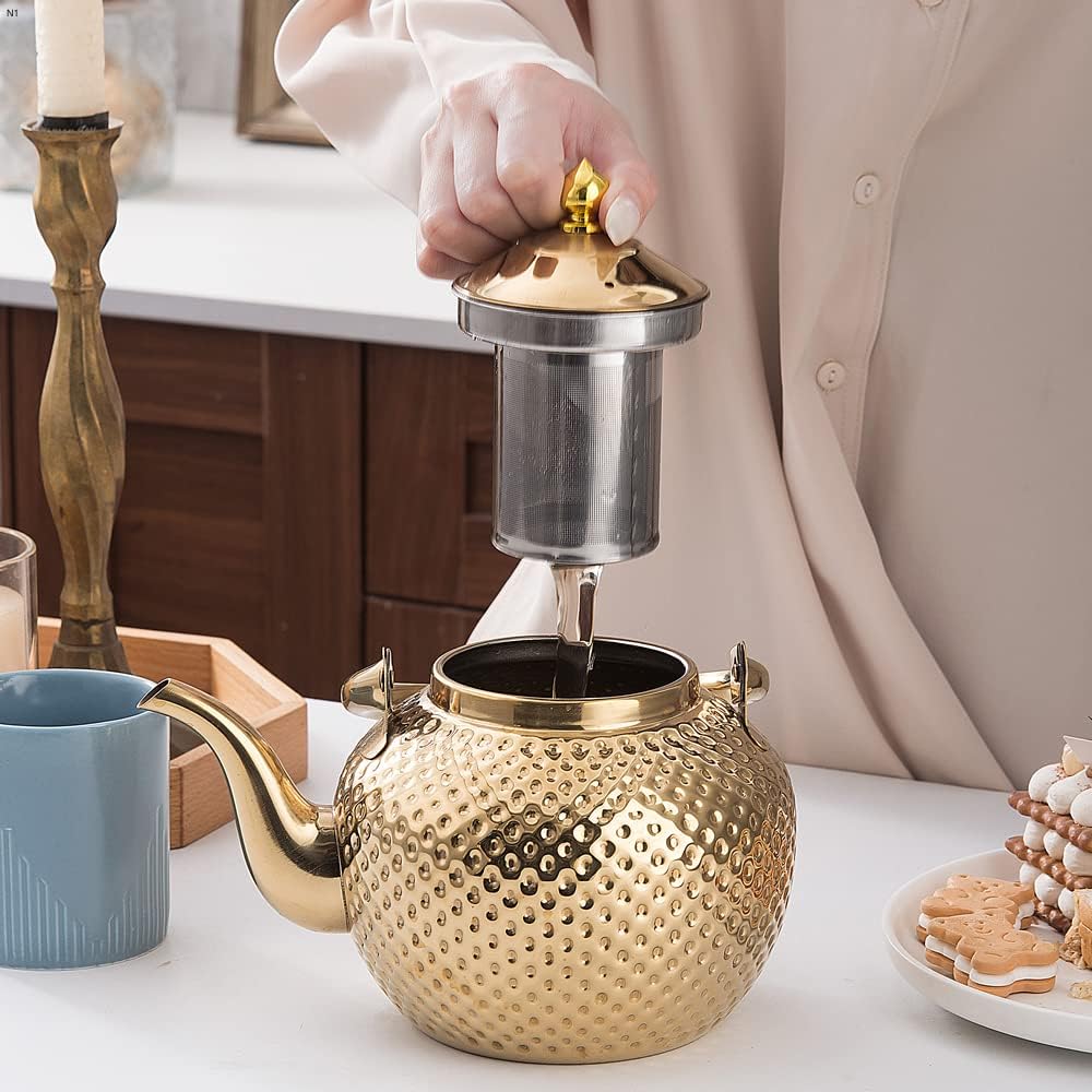 SANQIAHOME 2000ml Stainless Steel Teapot with Infuser - Gold Induction & Gas Stove Compatible Tea Kettle - Perfect for Home, Office, and Tea Ceremonies