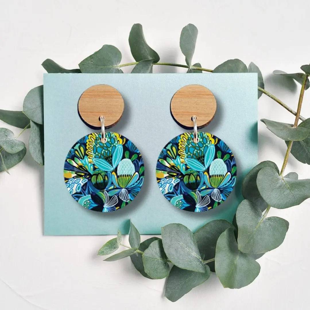 Handmade Azure Native Flowers Wooden Earrings for Women - Boho Chic Dangle Earrings for Casual Wear & Festivals