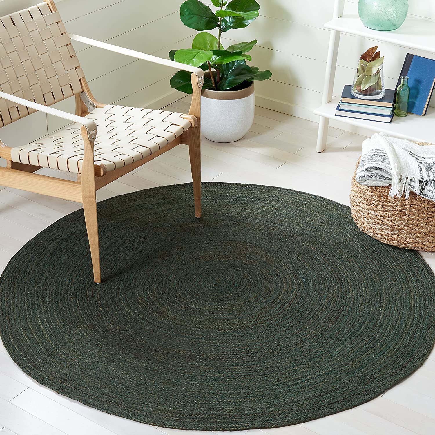 Handwoven Black Jute Farmhouse Rug - 10x10 Round Braided Area Rug for Living Room, Bedroom, Kitchen | Eco-Friendly Natural Fiber Carpet for Rustic Home Decor & Cozy Spaces