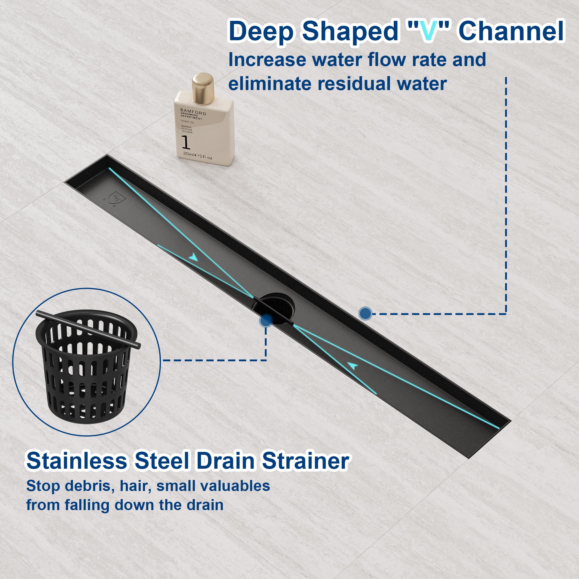 28-Inch Black Linear Shower Drain with 2-in-1 Flat & Tile Insert - Adjustable Leveling Feet & Hair Strainer - Modern Bathroom Floor Drain for Tile & Stone Showers - Perfect for Luxury Home & Spa Renovations