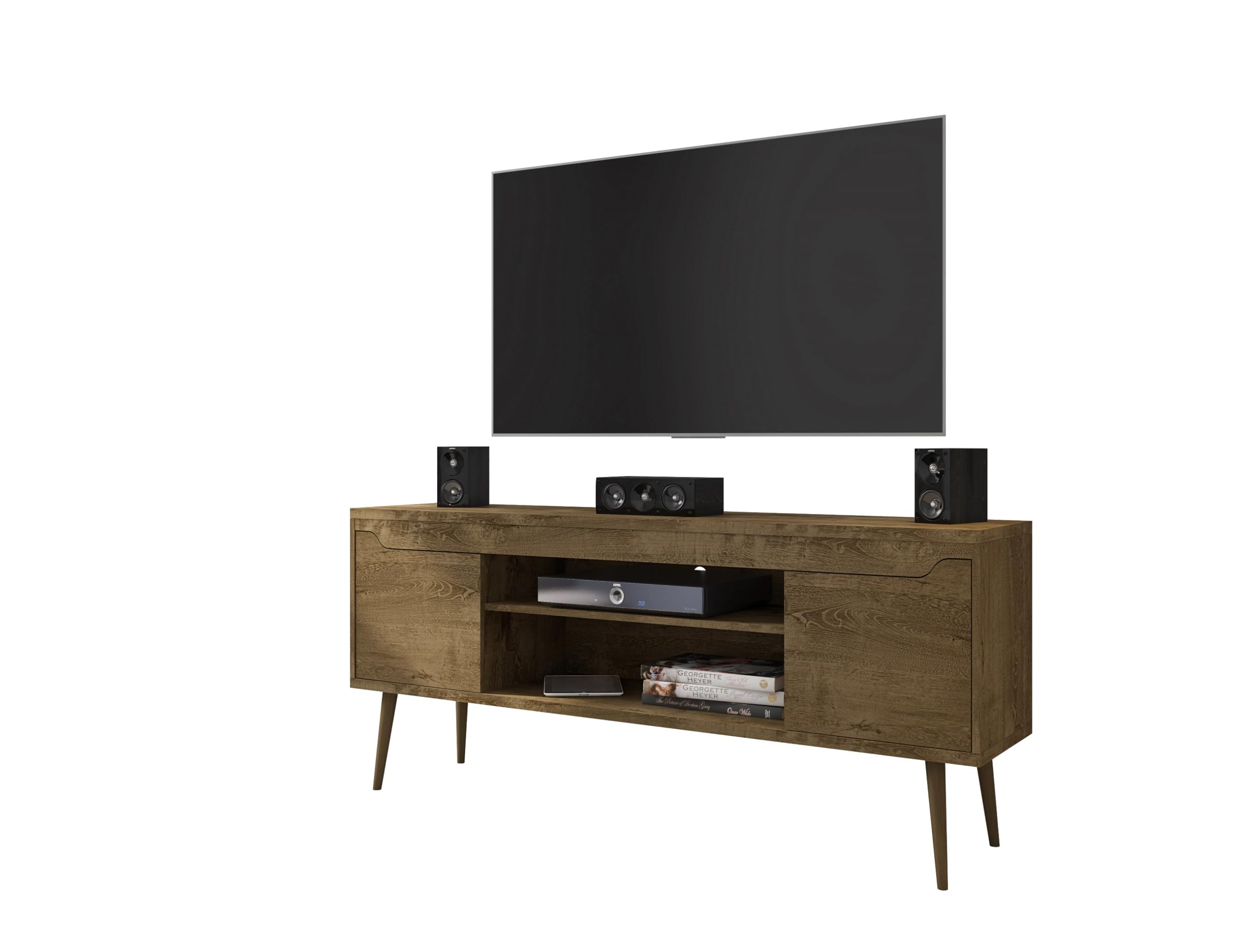 Mid Century Modern TV Stand for 60 Inch TVs - Bradley Rustic Brown Entertainment Center with Storage Shelves & Soft Close Doors - Perfect for Living Room & Home Theater Setup