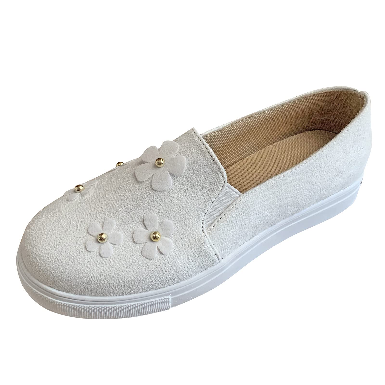 Women's Casual Suede Flat Shoes with Single Toe & Floral Design - Comfortable Round Toe Slip-On Loafers for Everyday Wear (White, Size 7.5) | Perfect for Office, Walking, Shopping & Travel