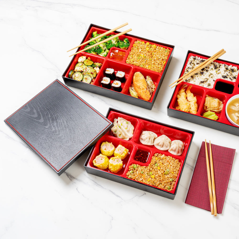 Japanese Style Bento Box - 5 Compartments Black and Red Lunch Box (10.75