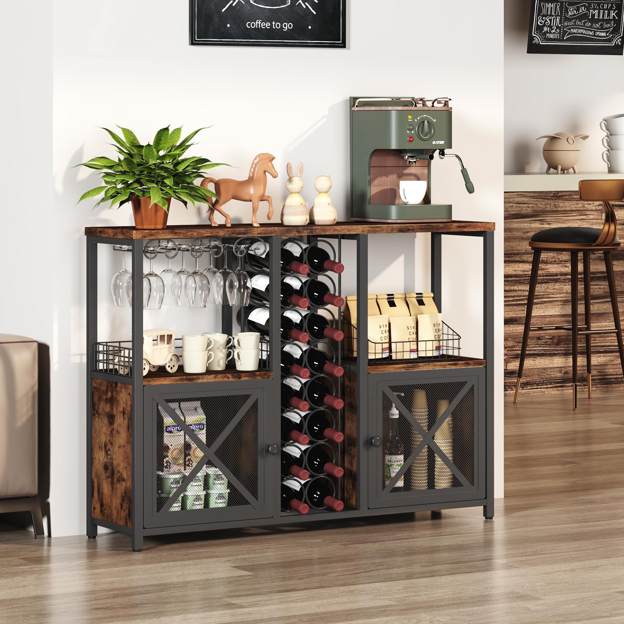 Modern Wooden Coffee Bar Cabinet - Homeiju Mini Bars for Liquor & Glasses Storage | Farmhouse Buffet Wine Bar with Sideboard | Perfect for Home Kitchen, Dining Room & Entertaining Guests