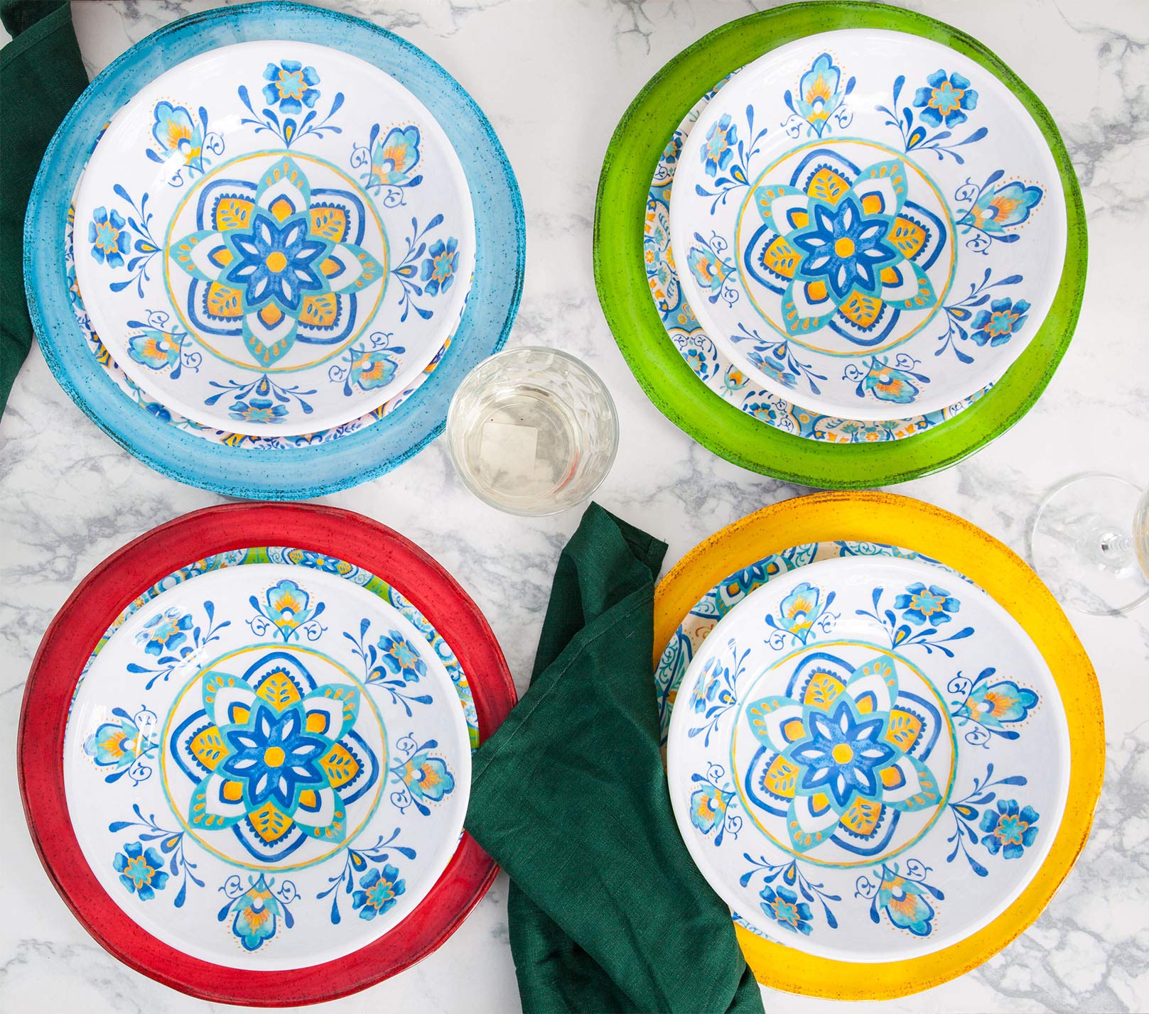 12-Piece Melamine Dinnerware Set - Durable, Colorful Plates & Bowls - Dishwasher Safe, Shatterproof, Chip Resistant - Perfect for Outdoor Dining, Picnics, and Restaurants (Multicolor)