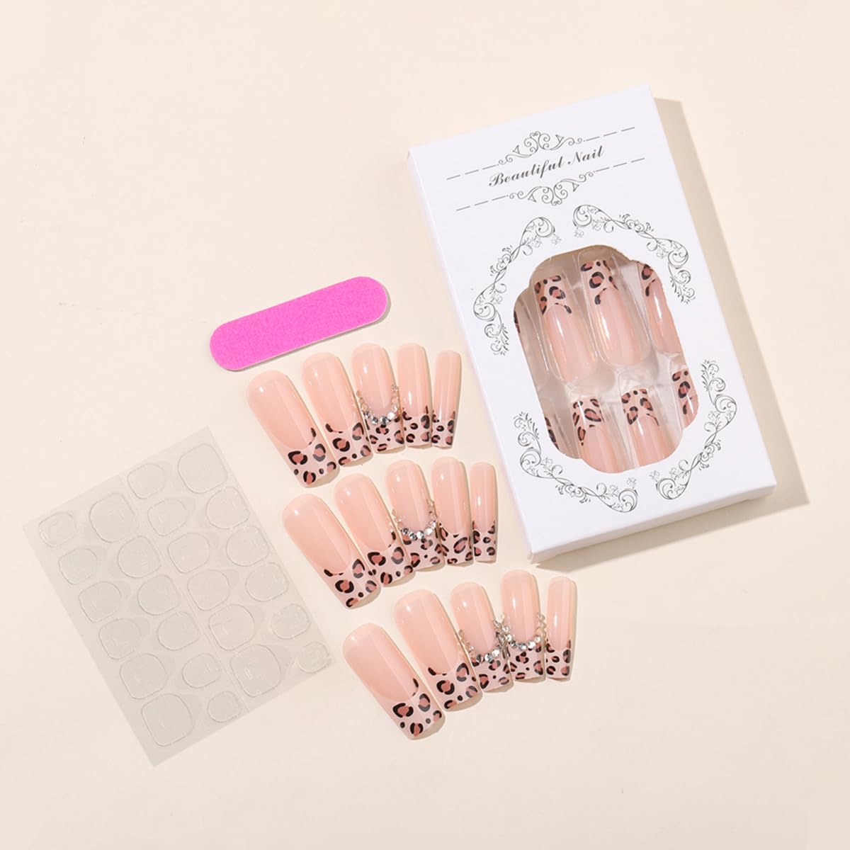 Long Press-on Square Nails with Leopard Print French Tips & Sparkly Rhinestones - 24Pcs Full Cover Glossy False Nails Kit for Women | 3D Nail Charms for Parties, Weddings & Special Occasions