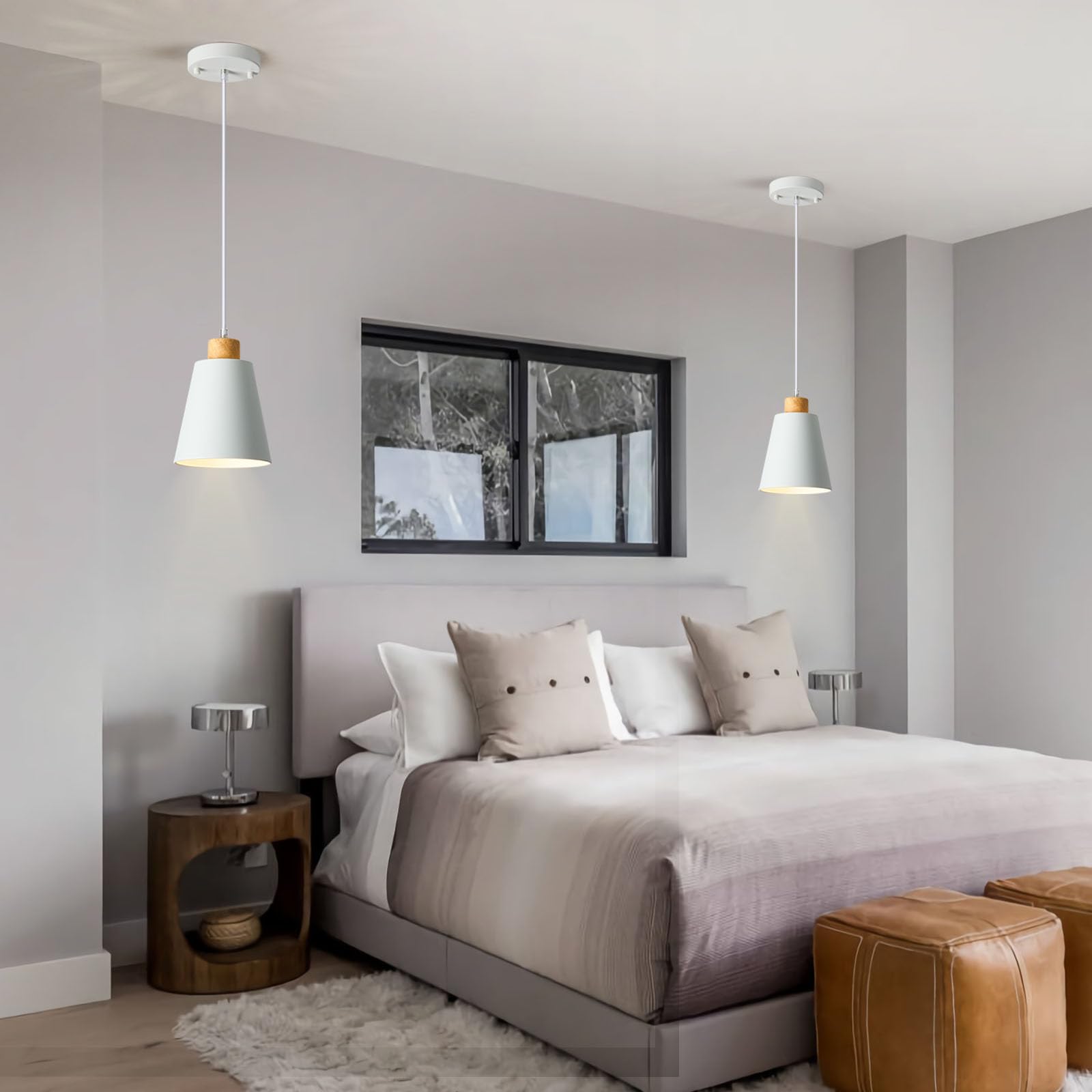 Modern White Wood Pendant Light - 5.94 Inch Adjustable Hanging Light Fixture for Kitchen Island, Dining Room, Bar & Bedroom | Mini Contemporary Ceiling Lighting for Home Decor, Restaurants and Cafes