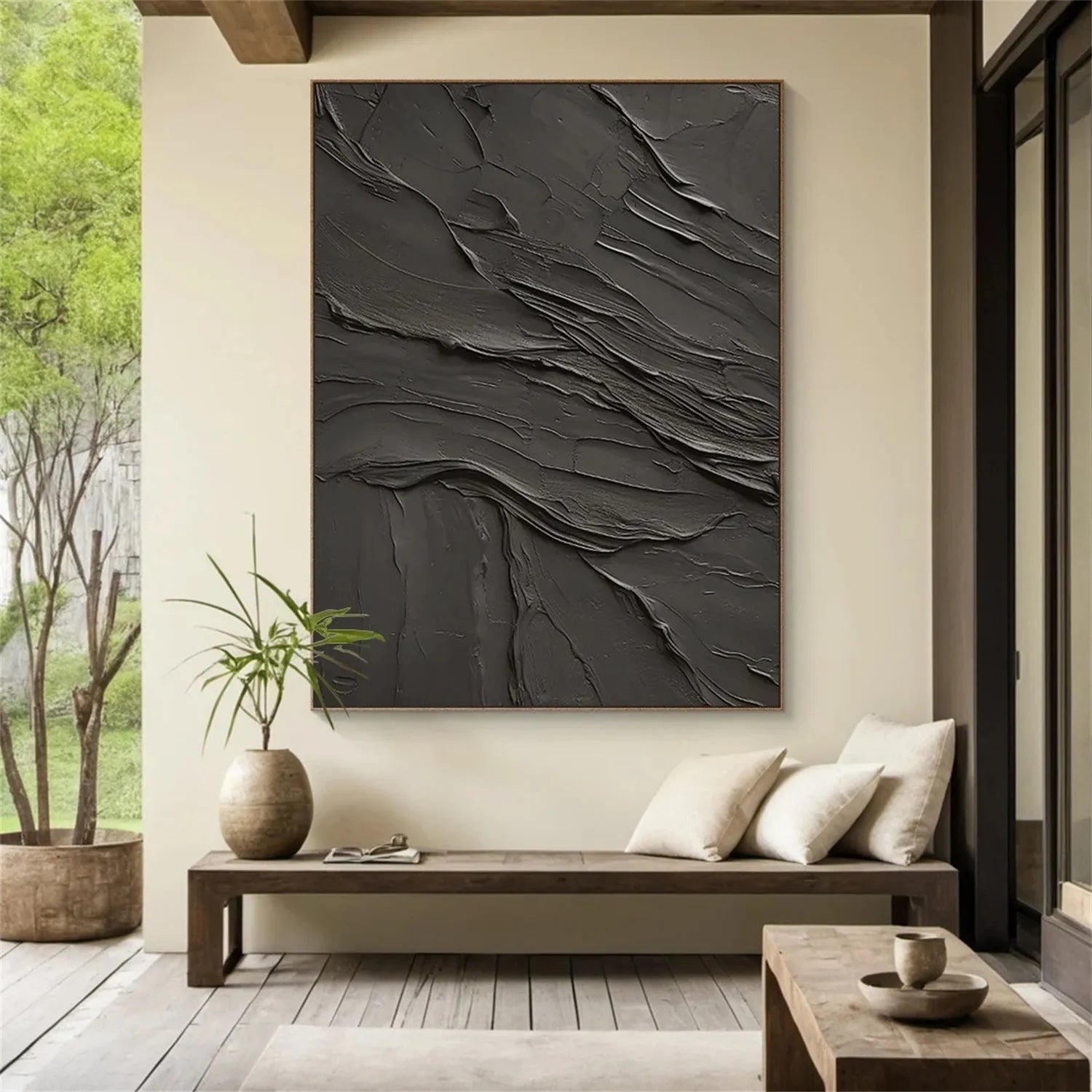 Black Plaster Art Minimalist Textured Painting - Modern Abstract Wall Decor for Living Room, Bedroom & Office | Contemporary Home Artwork #MZ111