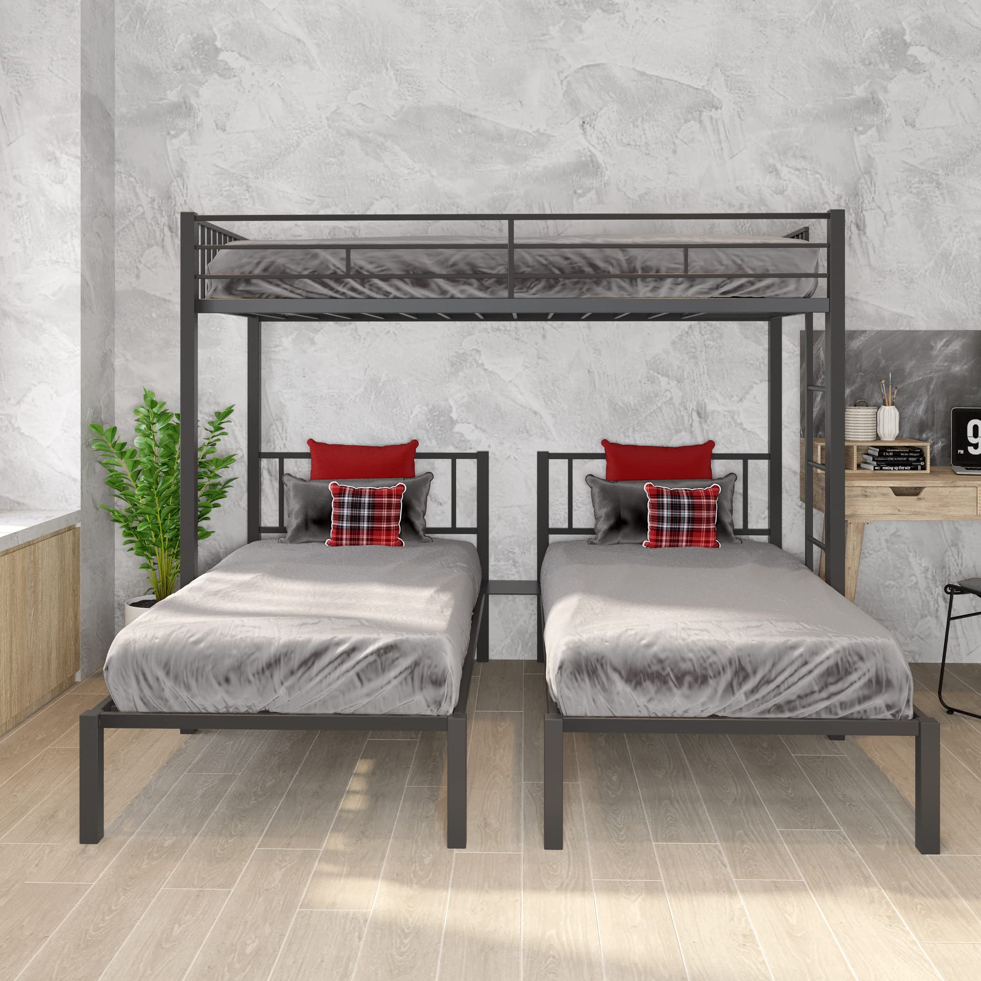 Twin Over Twin & Twin Metal Triple Bunk Bed Frame with Guardrails - Space Saving Bunk Bed for Kids, Teens & Adults - Converts to 3 Separate Beds (Black) - Perfect for Small Bedrooms, Dorms & Guest Rooms
