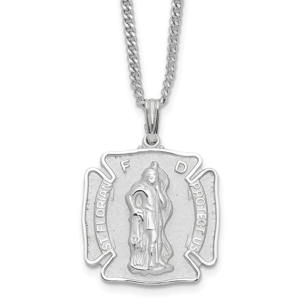 Engravable Solid Spring Ring Rhodium Plated St. Florian Medal Necklace - 24 Inch Religious Jewelry Gift for Women, Perfect for Baptisms, Confirmations & Everyday Faith Inspiration