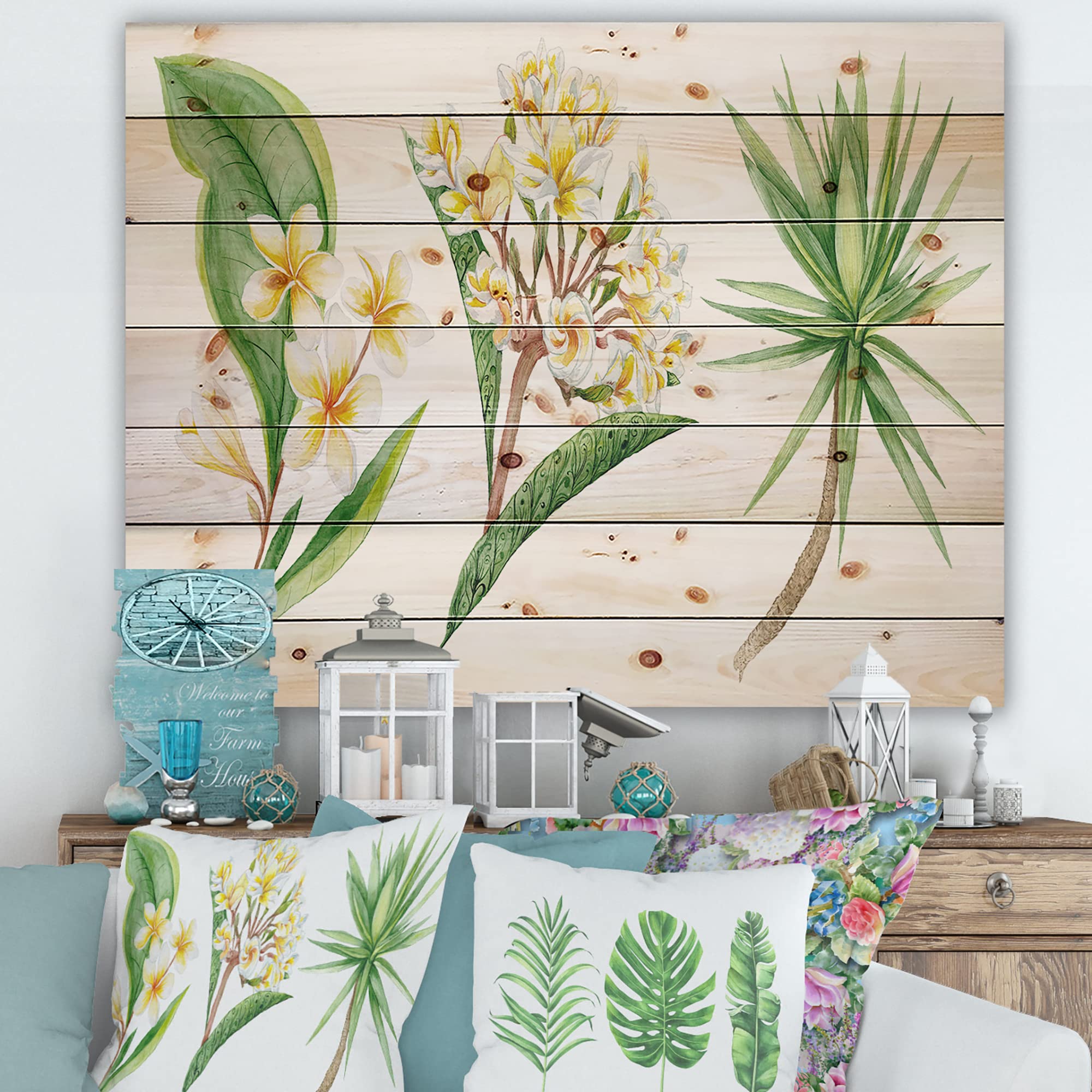 Tropical Foliage & Yellow Flowers XII - Traditional Wood Wall Art Decor | Large Floral Pine Wood Panel | Handmade Natural Wood Wall Hanging for Living Room, Bedroom & Office Decor