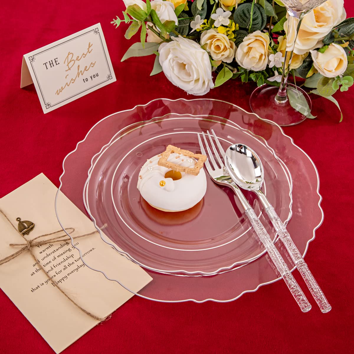 Ciaell 150PCS Clear Silver Plastic Plates & Disposable Cutlery Set with Glitter Bamboo Handle - Elegant Baroque Disposable Tableware for Weddings, Parties, and Events - Perfect for Birthday Celebrations, Bridal Showers, and Formal Dinners