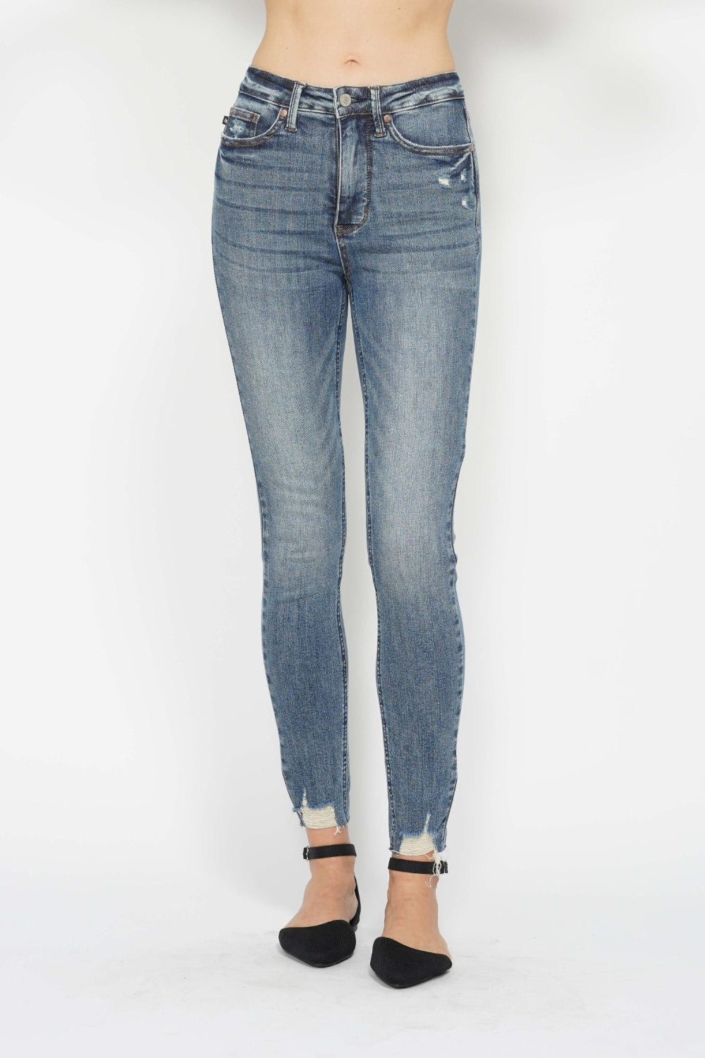 Judy Blue High Waisted Tummy Control Skinny Jeans - Vintage Wash & Distressed Hem for Women | Perfect for Casual Outfits & Date Nights