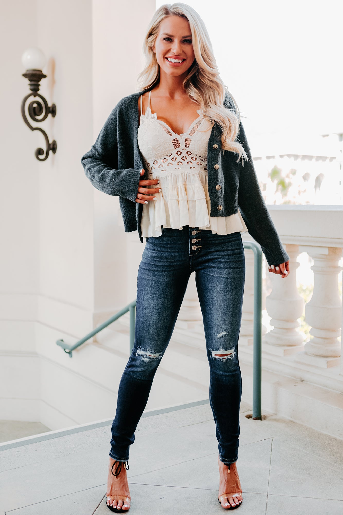 Best Cropped Button Front Sweater for Women - Slate Blue Pullover | Casual Chic Knit Top for Fall & Winter Outfits, Date Night & Office Wear