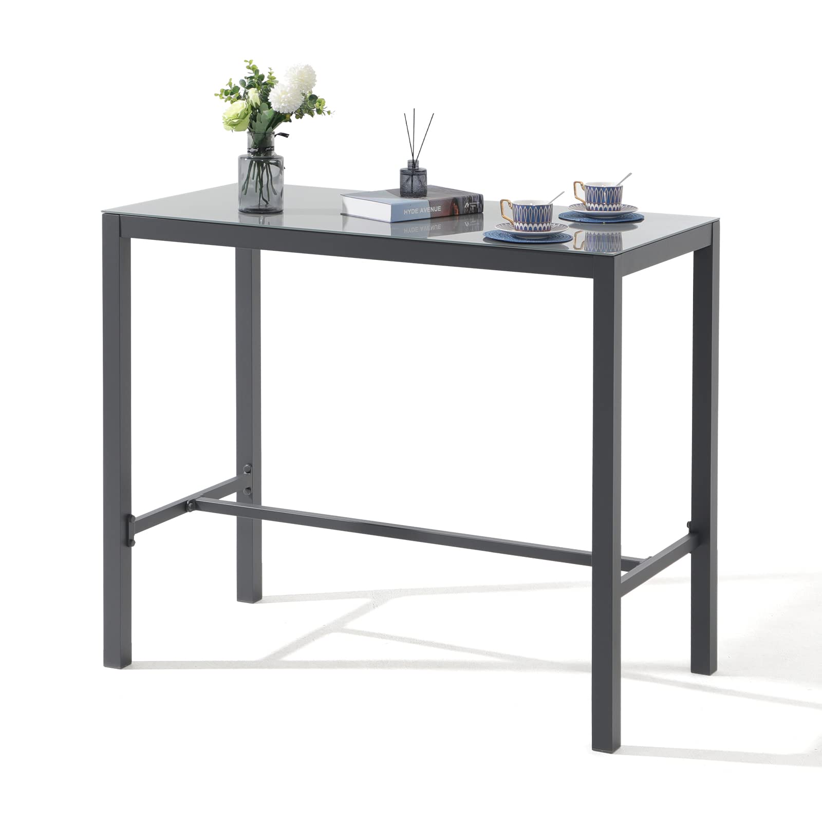 OC Orange-Casual Outdoor Bar Table - All-Weather Aluminum Rectangular Pub Height Dining Table with Tempered Glass Top - Dark Grey Patio Bar Table for Porch, Garden, Balcony & Indoor Use - Perfect for Outdoor Entertaining, BBQs & Relaxing in Your Backyard