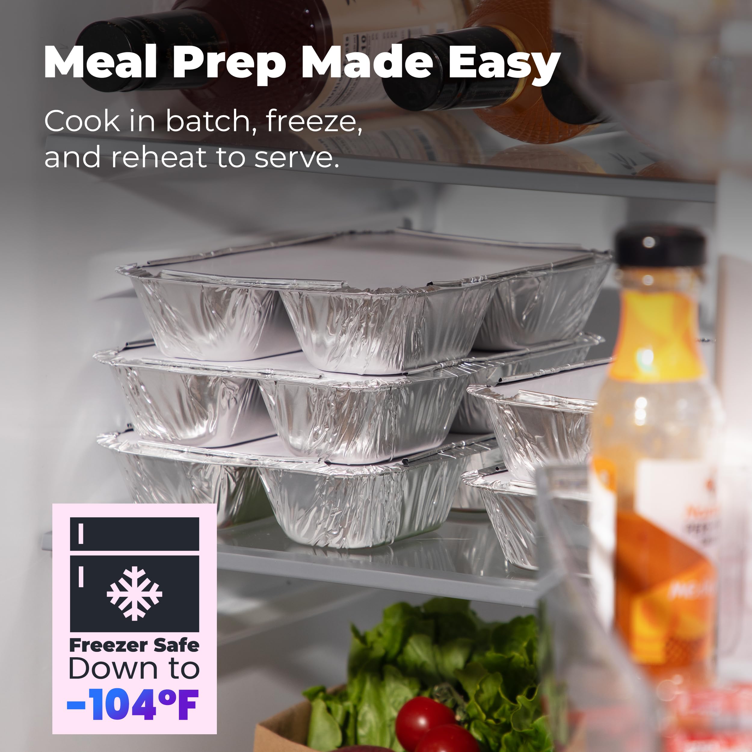 250-Pack Disposable Aluminum Foil Food Containers with Lids - 3 Compartment 8.5x6.5x1.5 Inch Rectangular Meal Prep Pans - Freezer, Oven & Microwave Safe for Takeout, Leftovers & Party Food Storage